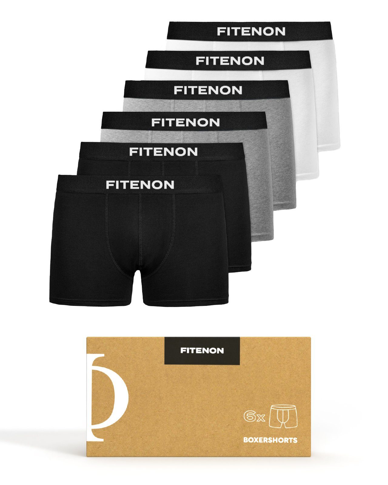 FITENON Boxershorts Herren Unterhosen, Unterwäsche, ohne kratzenden Zettel, Baumwolle (6 er Set) mit Logo-Elastikbund 2x Schwarz 2x Grau 2x Weiß