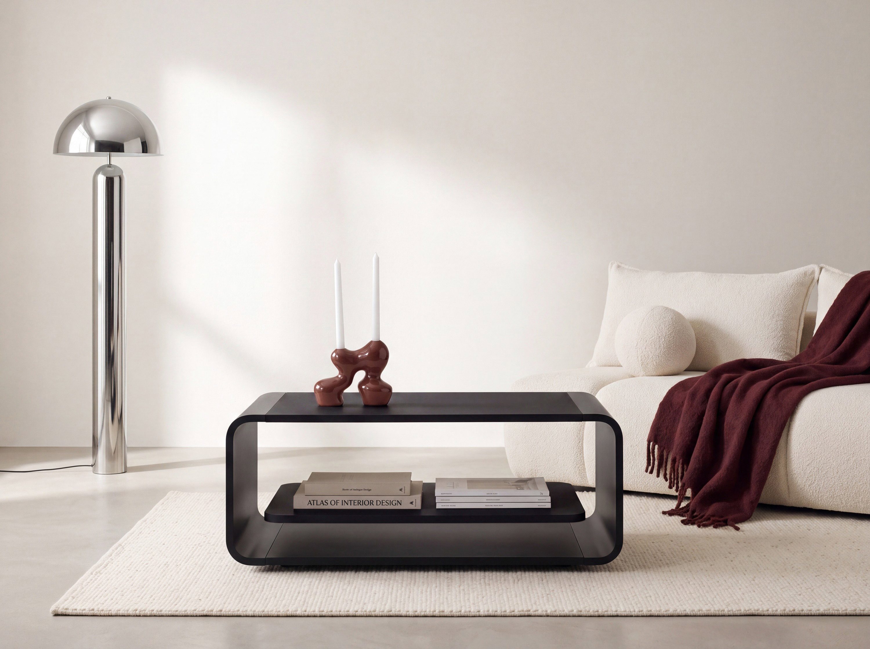 WFL GROUP Couchtisch mit schwebender Ablage und abgerundetem Metallgestell in Schwarz (MADE IN EU, 100 x 50 x 41 cm, großzügige Ablagefläche bei schlanker Form), Versteckte Rollen, Holz-, Marmor- und Betonoptik in vielen Varianten