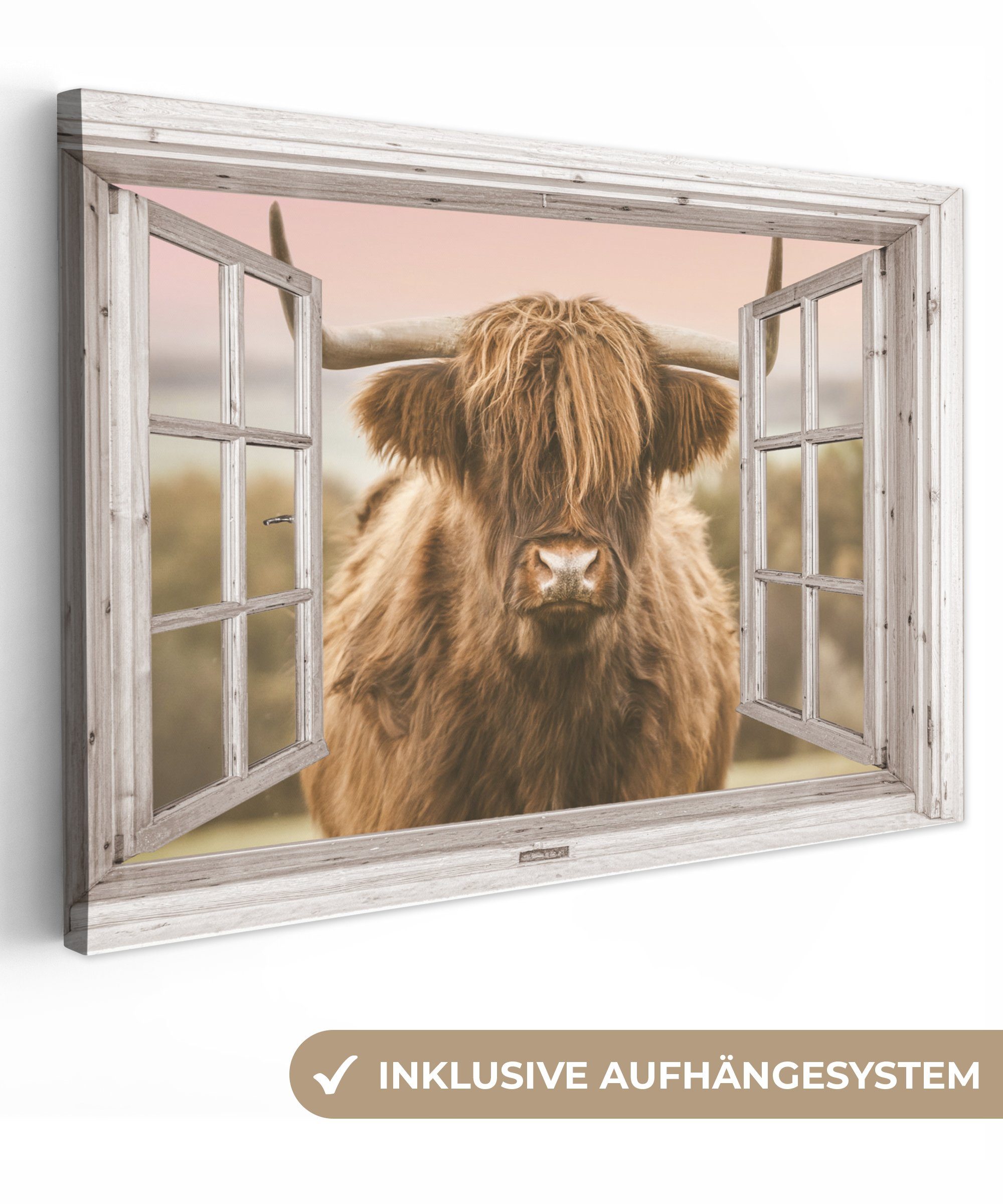 OneMillionCanvasses® Leinwandbild Schottischer Highlander - Ansicht - Pastell, (1 St), Wandbild Leinwandbilder, Aufhängefertig, Wanddeko, 30x20 cm