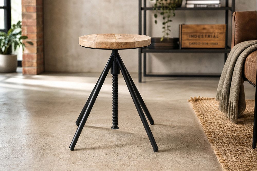 riess-ambiente Sitzhocker FACTORY 60cm natur/schwarz - Mango, Massiv, Metall, höhenverstellbar (Einzelartikel, 1 St), Verstellbarer Vintage-Schemel - ideal für Ess- & Wohnzimmer oder Küche