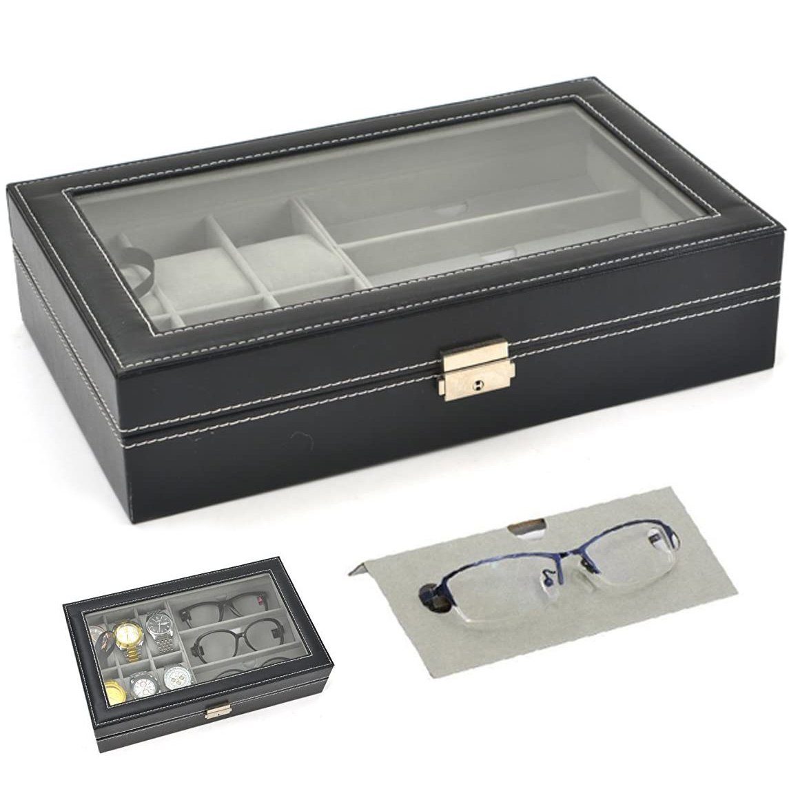 Leder Sunicol Uhrenbox Schwarz Organizer Sonnenbrillenaufbewahrung, Uhren- und Display,