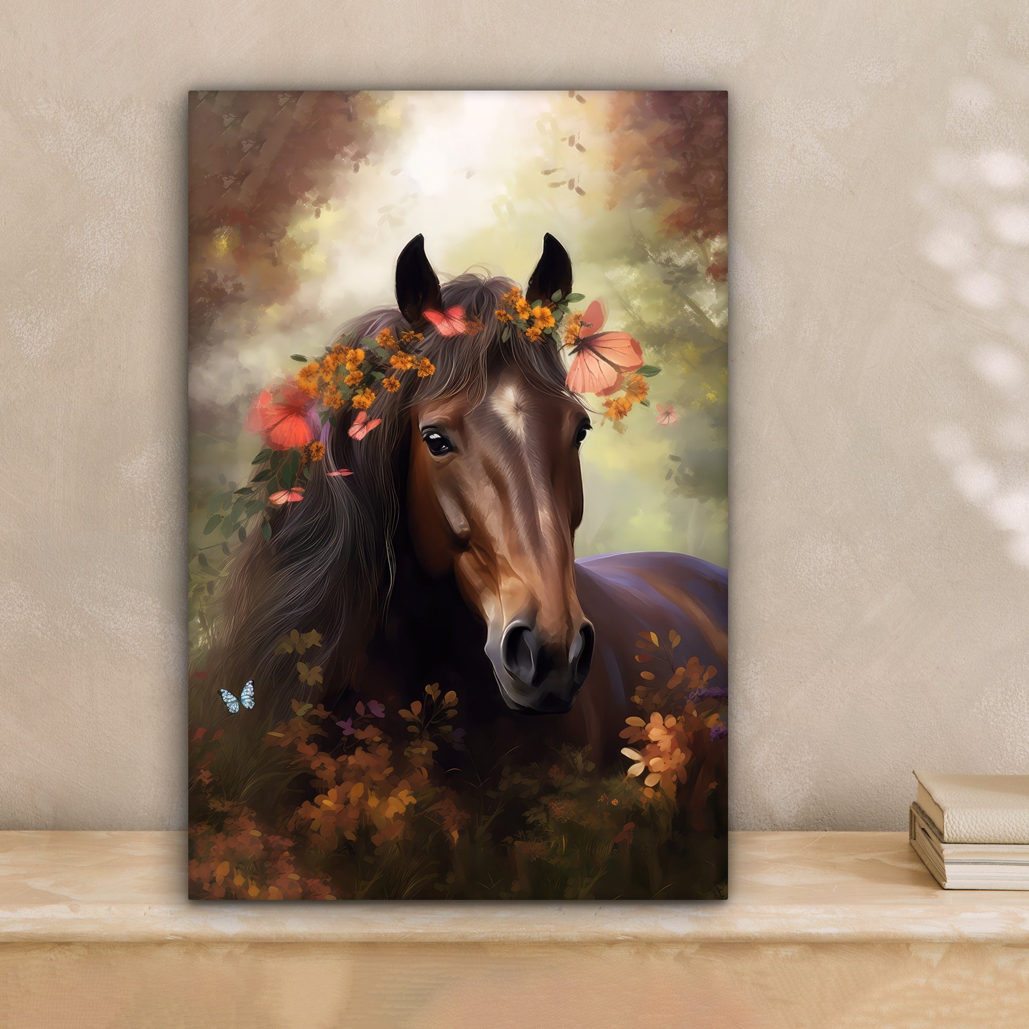 OneMillionCanvasses® Leinwandbild Pferd - Tiere - Blumen - Wald - Schmetter günstig online kaufen