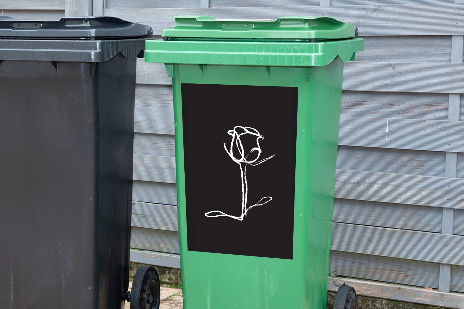 Container, - Strichzeichnung Rose - Blumen Mülleimer-aufkleber, Wandsticker MuchoWow Mülltonne, Abfalbehälter (1 St), Sticker,