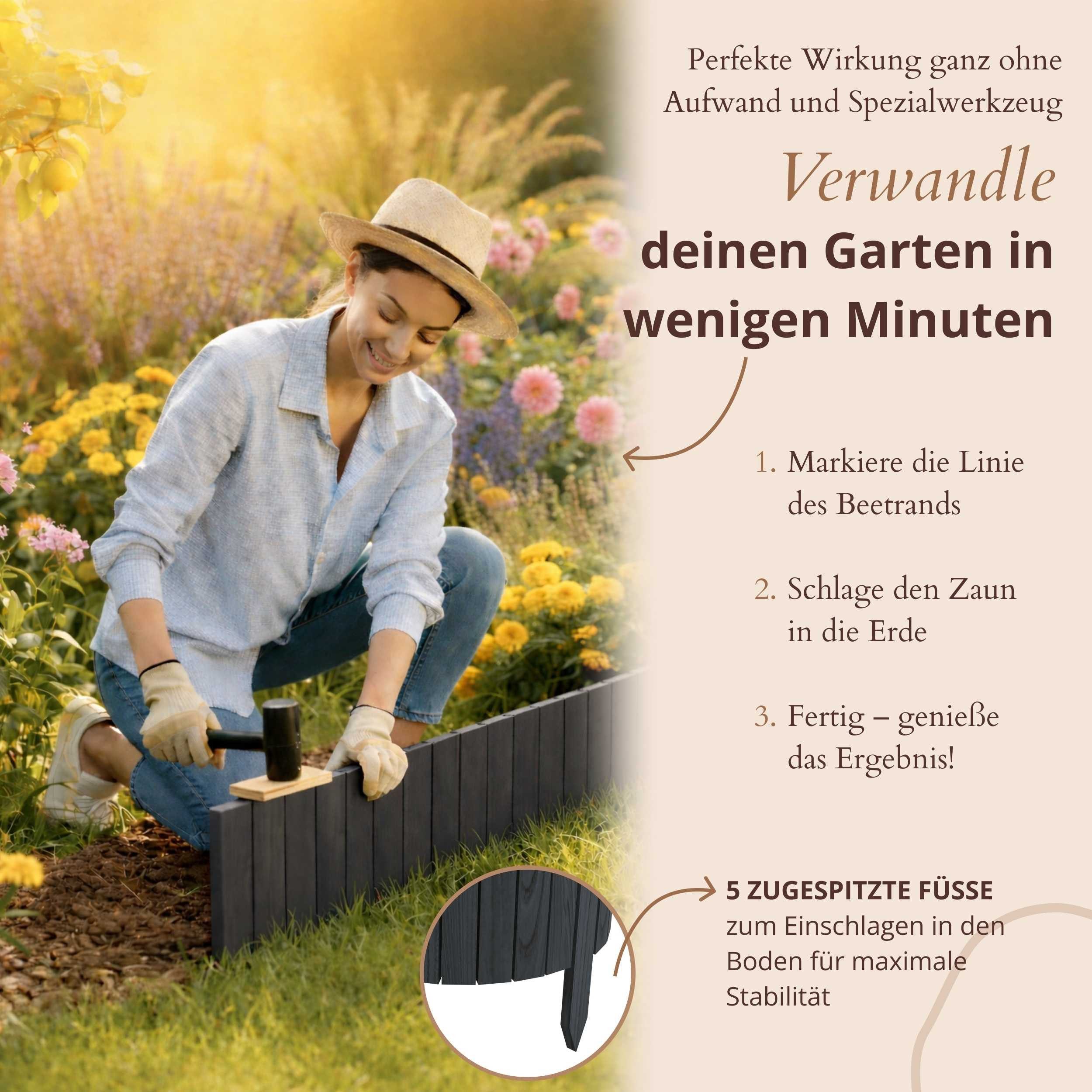 Floranica Beetbegrenzung Beeteinfassung Flexibler Rollborder Rasenkante Beetumrandung Palisade, LxH: 200x10 cm, 1 Stk., Anthrazit, für Garten, Rindenmulch, Blum – Bild 5 von 5