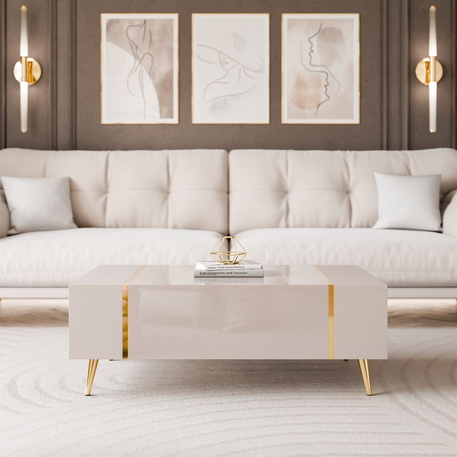 ALLHOUSE24 Couchtisch DIAMANT GOLD Sofatisch Hochglanz, Stauraum, goldene Beine, in 3 Farben, Breite 104 cm