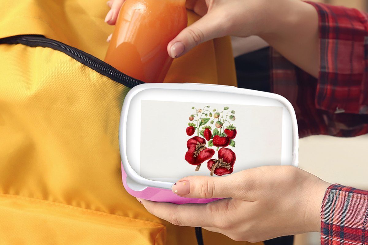 MuchoWow Brotbox Pflanze, Obst rosa für Mädchen, Erdbeeren (2-tlg), Lunchbox Kunststoff - Brotdose - Erwachsene, Kunststoff, Snackbox, Kinder,