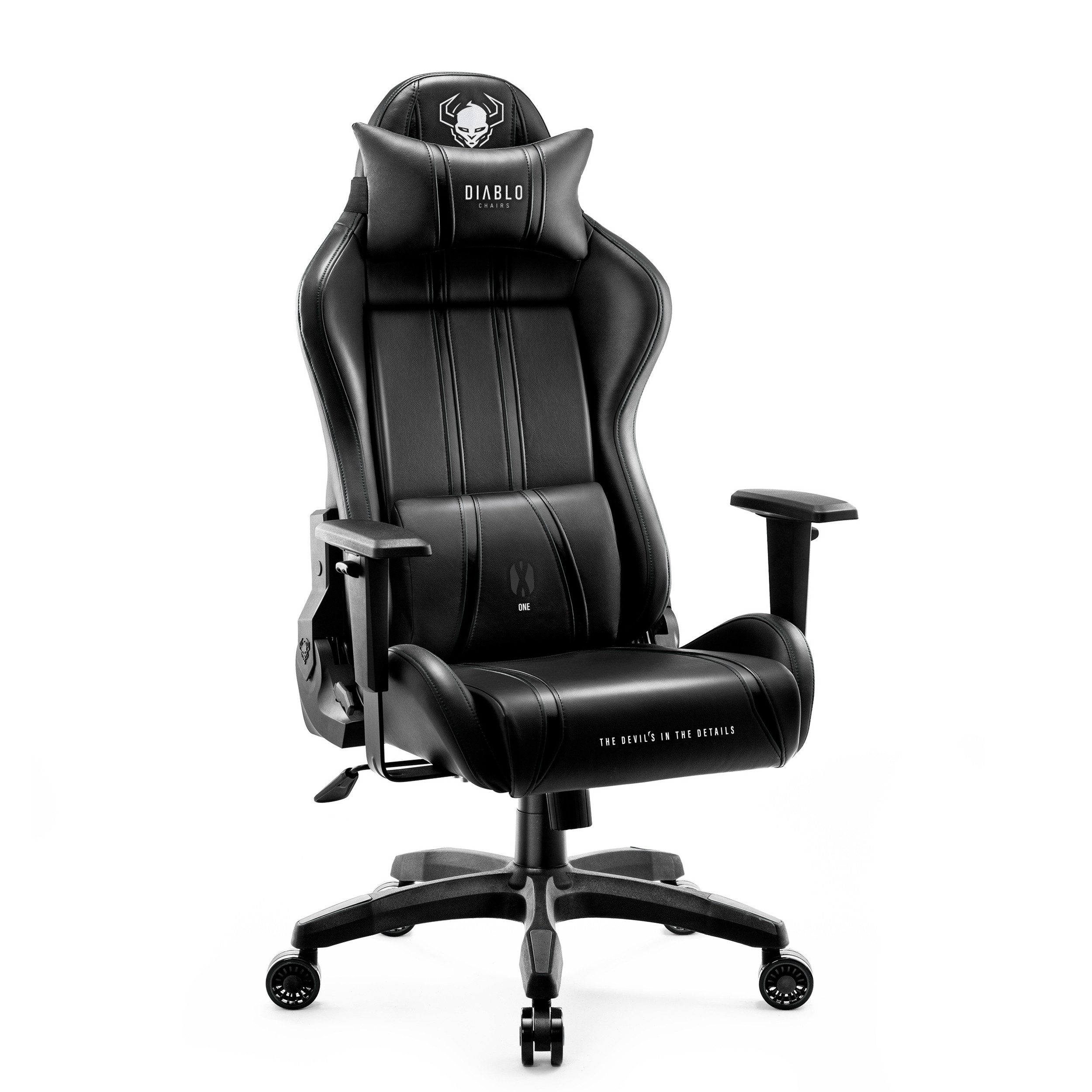 DIABLO CHAIRS Gaming-Stuhl X-One 2.0 HDS Ökoleder ergonomisch TiltTech Armlehnen Kopfstütze (Klasse-4-Gasfeder, Gummiräder bodenschonend, Kids S Normal L King XL), Lendenkissen Wippfunktion Metallbasis 3 Größen