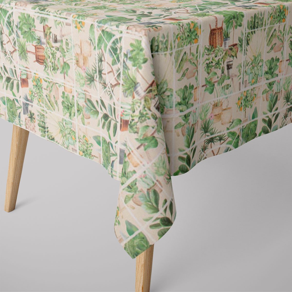 SCHÖNER LEBEN. Tischdecke SCHÖNER LEBEN. Tischdecke Wintergarten Pflanztöpfe beige grün, handmade