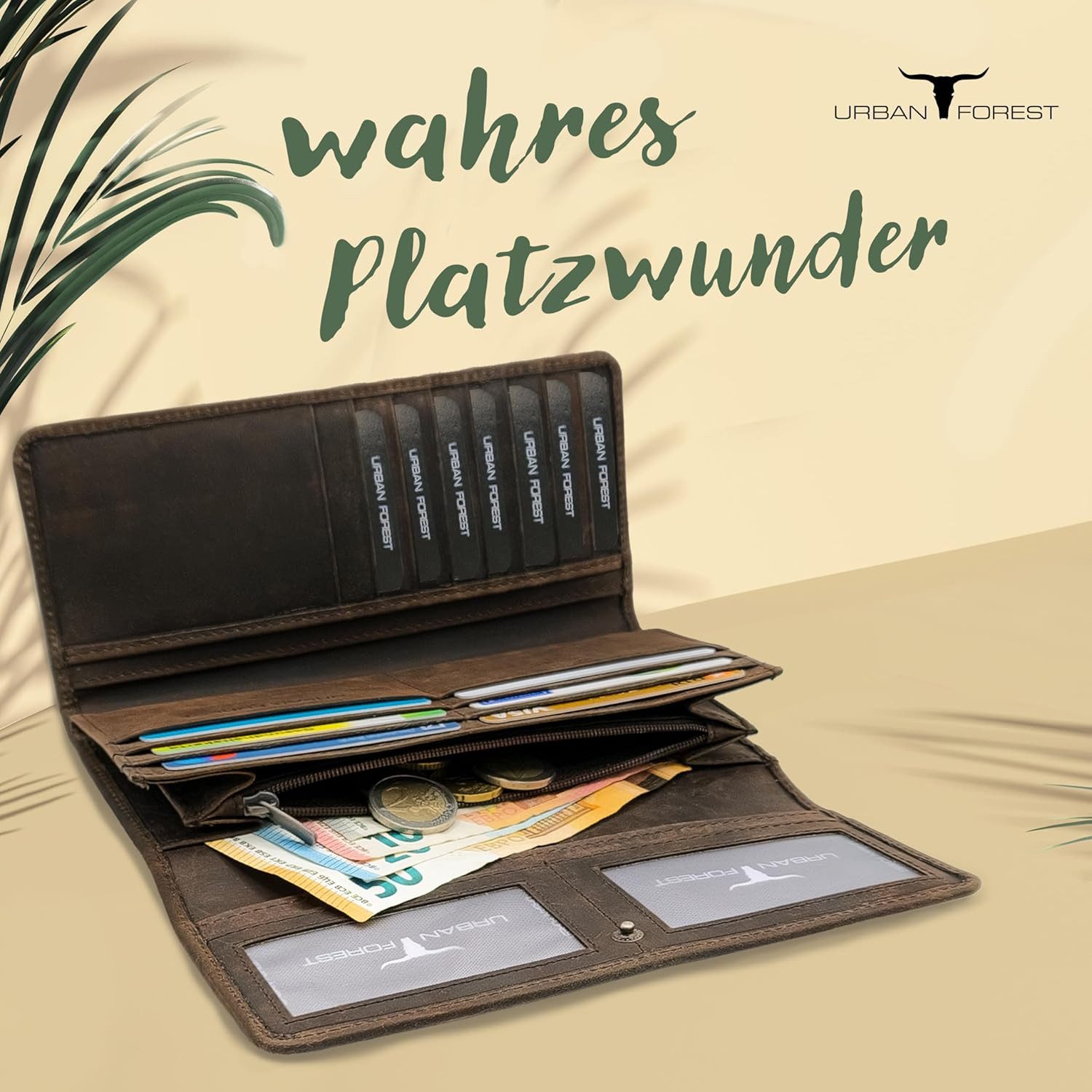 URBAN FOREST Geldbörse Damen Geldbörse lang aus 100% Leder Reißverschluss & Kartenfächer