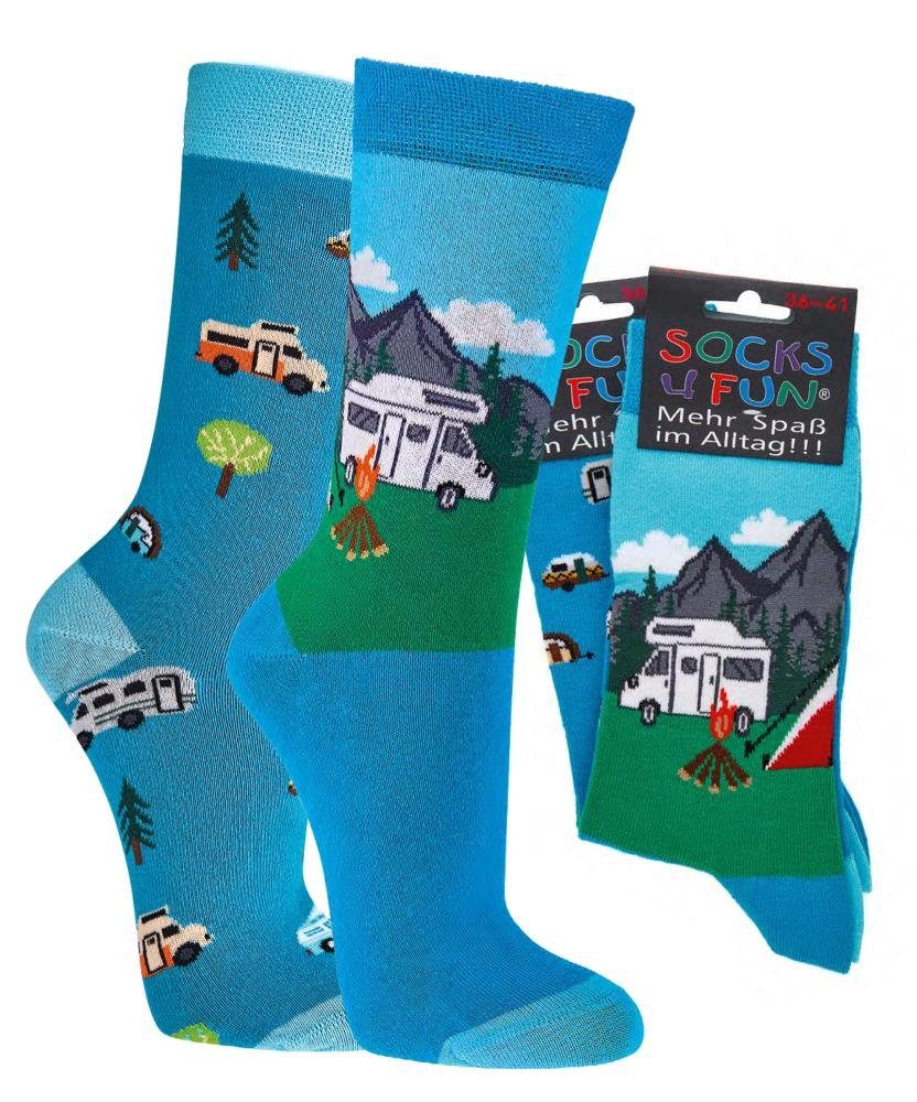 FussFreunde Freizeitsocken 2 Paar Fun Socken, Spaß mit Socken, über 70 Motive, ANTI-LOCH-GARANTIE Camping