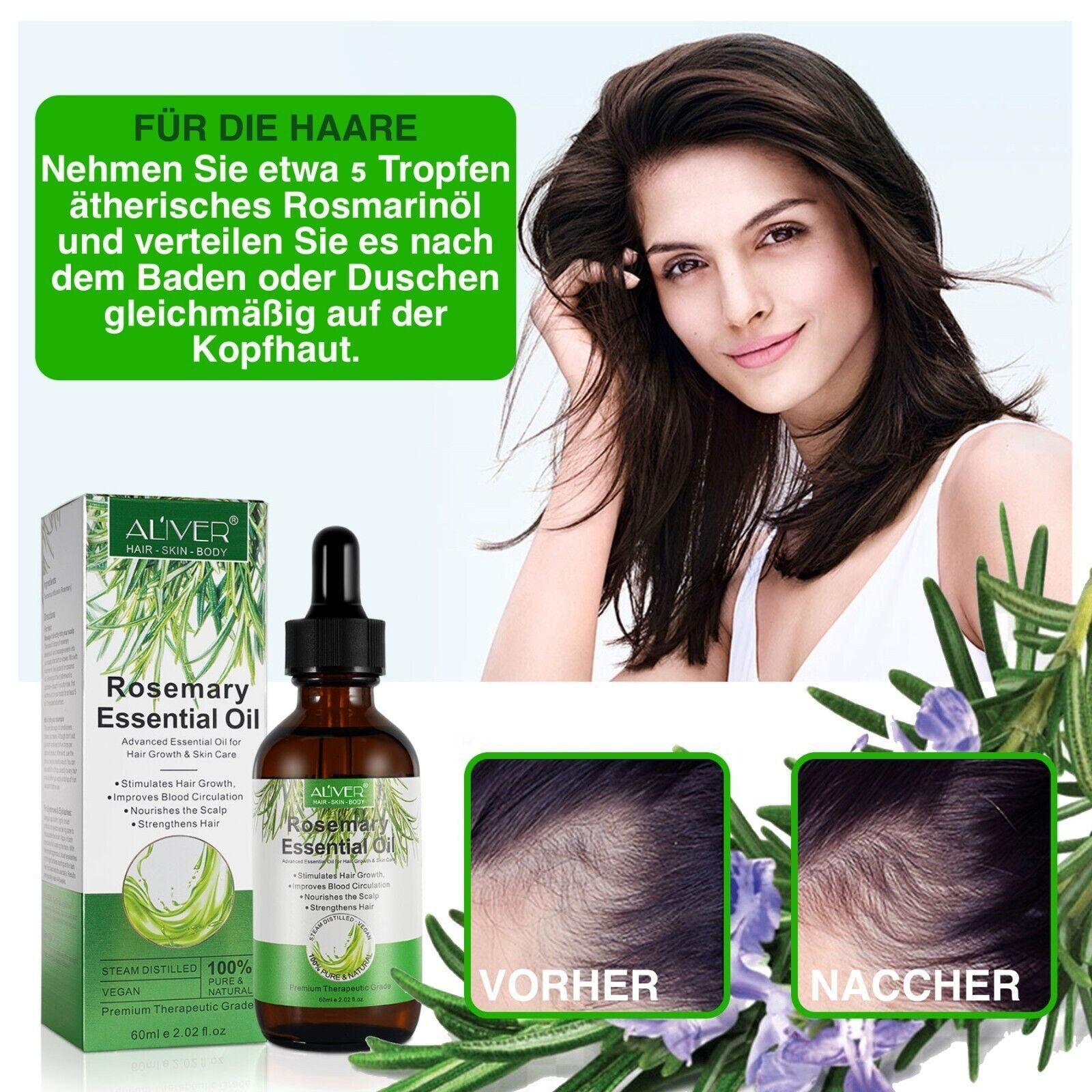 ALIVER Haaröl Rosmarinöl Ätherisches Haaröl Haarwachstum 60xML Bio Vegan Aliver, 1-tlg., Vegan