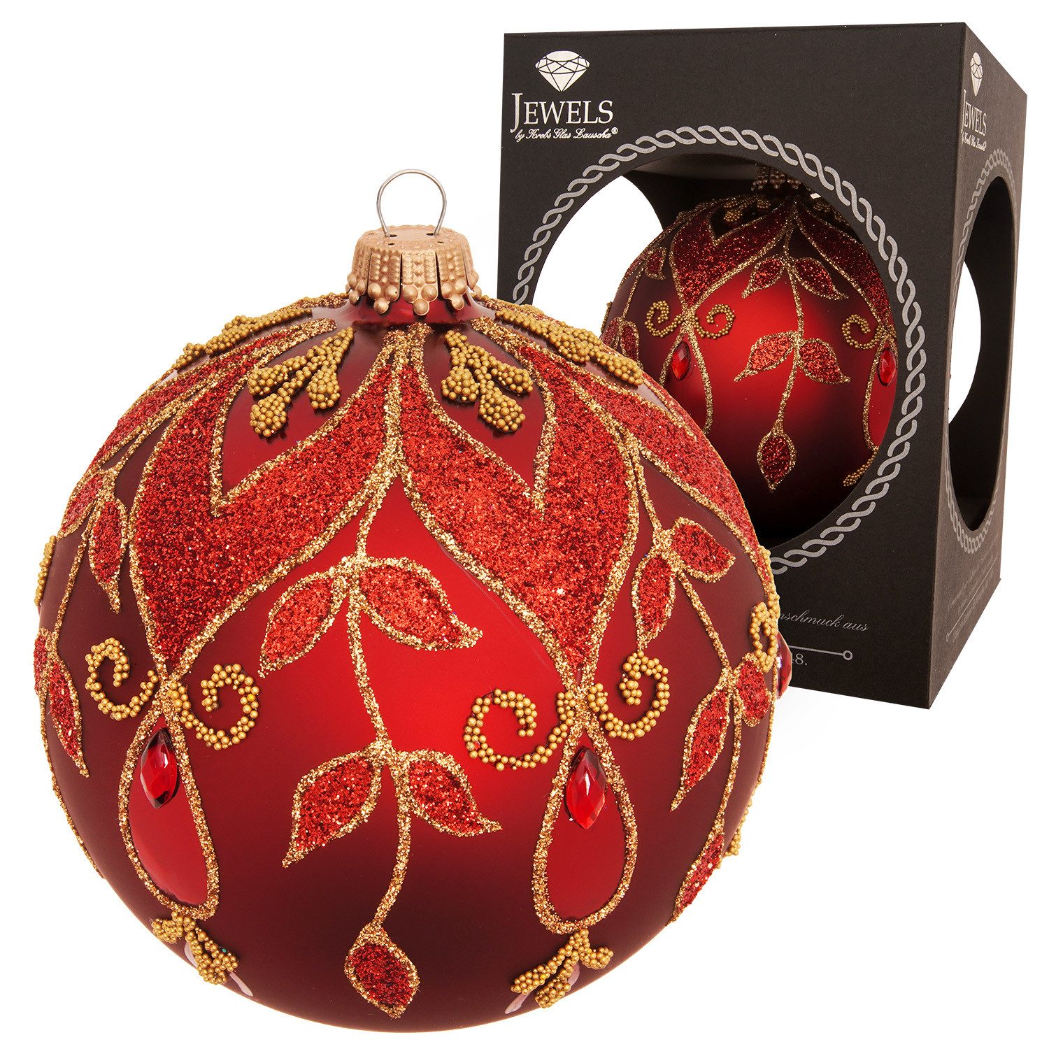 Krebs Glas Lauscha Weihnachtsbaumkugel Rot mit goldenen Verzierungen, Jewels by Krebs Glas Lauscha, Ø ca. 10cm