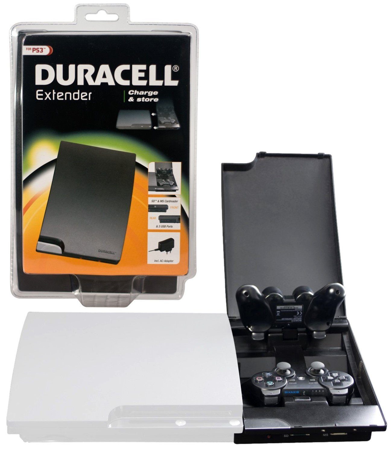 Duracell Konsolen-Dockingstation Dual Ladestation Ladegerät Box Docking  Dock, Netzlader mit USB-Hub und Kartenleser Card-Reader, Netzladegerät  Lader passend für PS3 Slim Konsole + Wireless Controller
