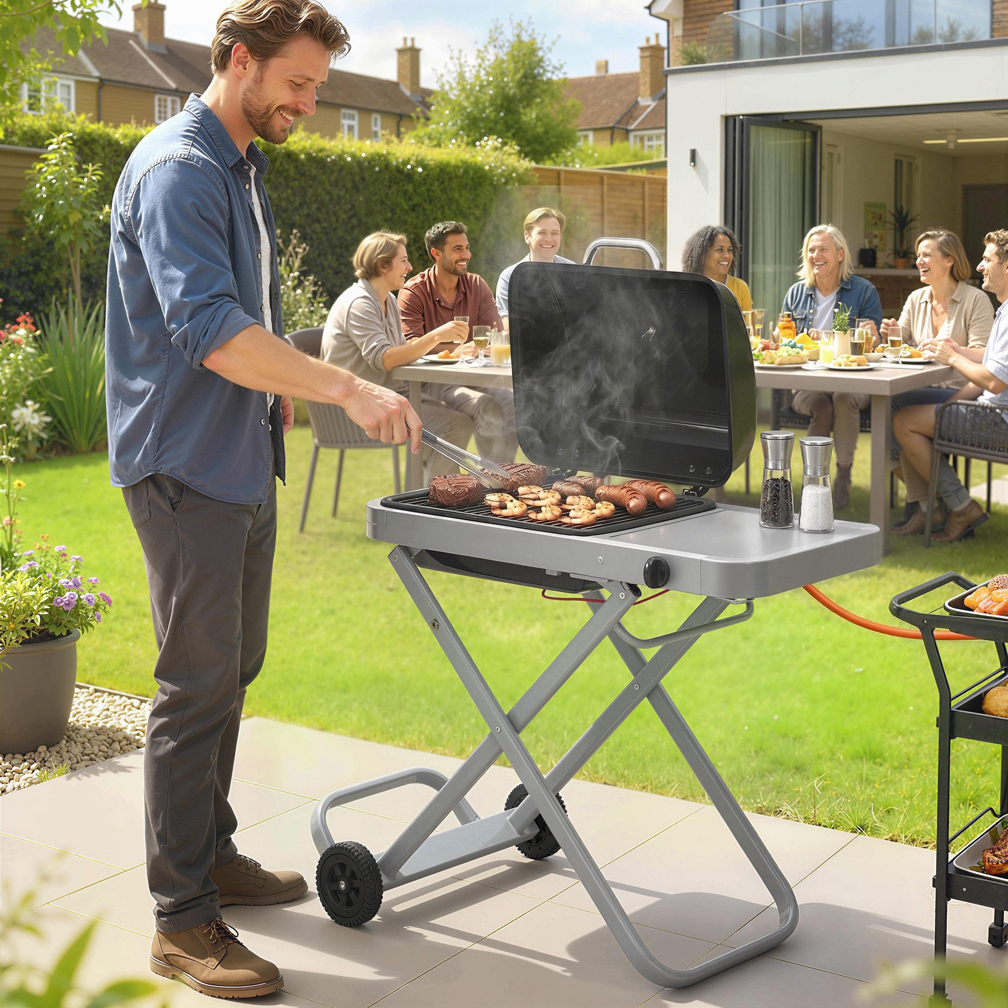 Outsunny Gasgrill mit Faltbarem Rollwagen, Grillrost, Seitentisch, Deckel, Thermometer, Tischgrill, Grillwagen, für BBQ Camping Garten Terrasse