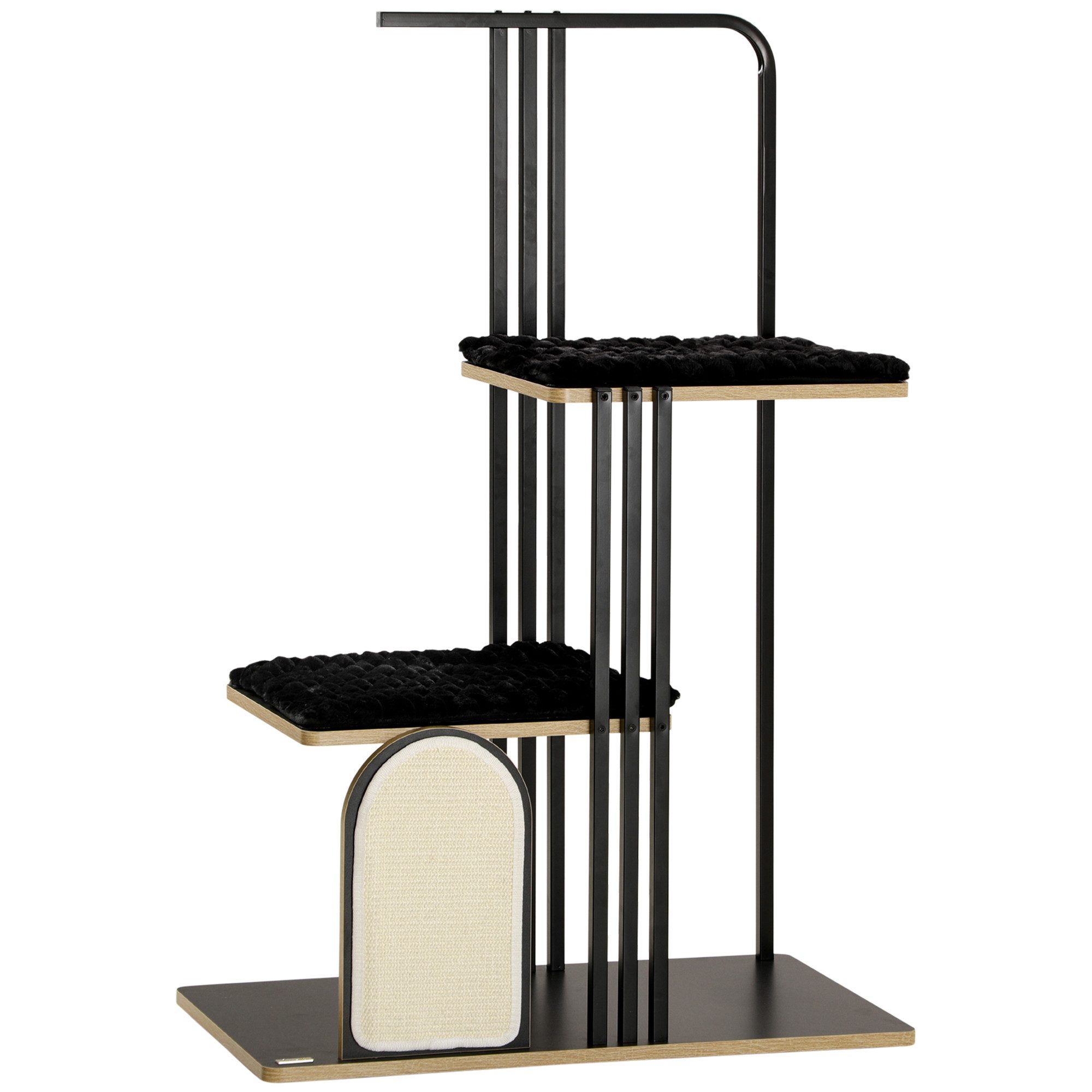 MC Star Kratzbaum 128cm hochwertiger Katzenbaum mit Kissen, Kratzbrett, 2 Plattformen, Katzenmöbel aus robustem Stahl in Schwarz