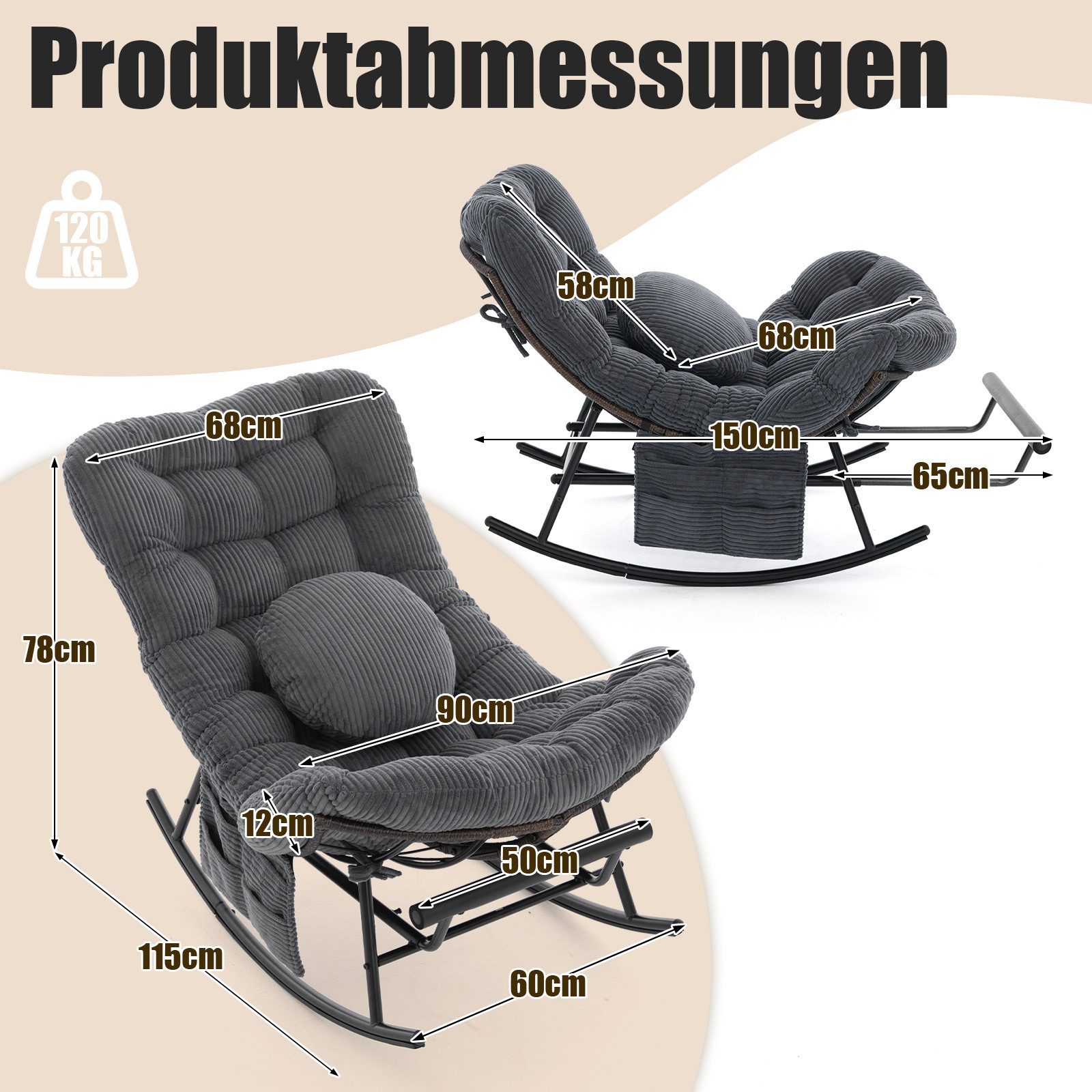 LVHOM Schaukelstuhl mit ausziehbarer Fußstütze, gepolstertem Kissen, Metallgestell (Armlehnenloses Monddesign, Seitentaschen,ein rundes Zierkissen, ergonomisches Design, Sitzmöbel/Liegeschaukel/Relaxsessel/Wohnaccessoire, 120kg Tragfähigkeit), Ideal für Wohnzimmer, Schlafzimmer, Spielzimmer, Arbeitszimmer, Garten