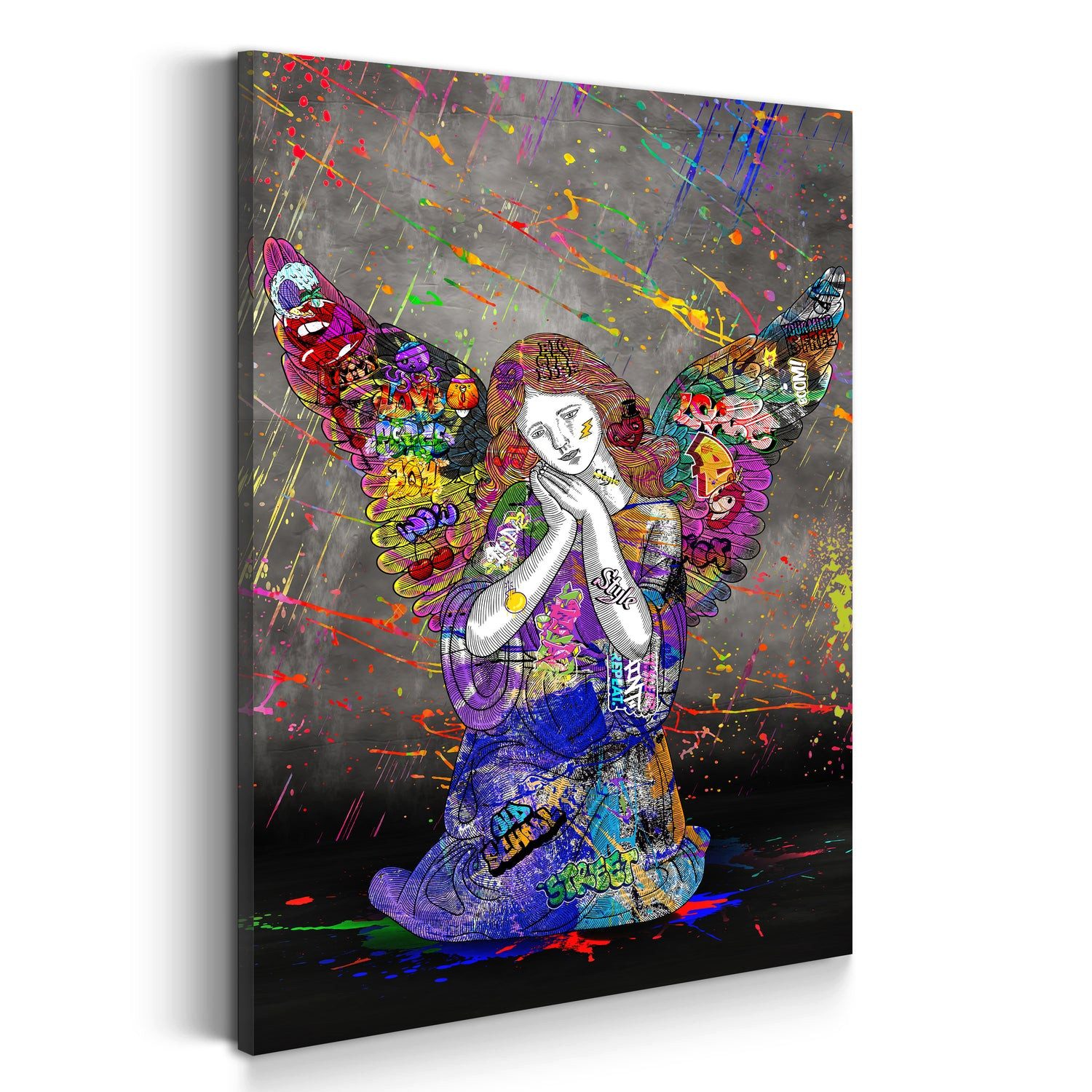 Artedinoi Leinwandbild Pop Art Engel kniend und betend Wandbild Leinwandbild Kunst XL Deko