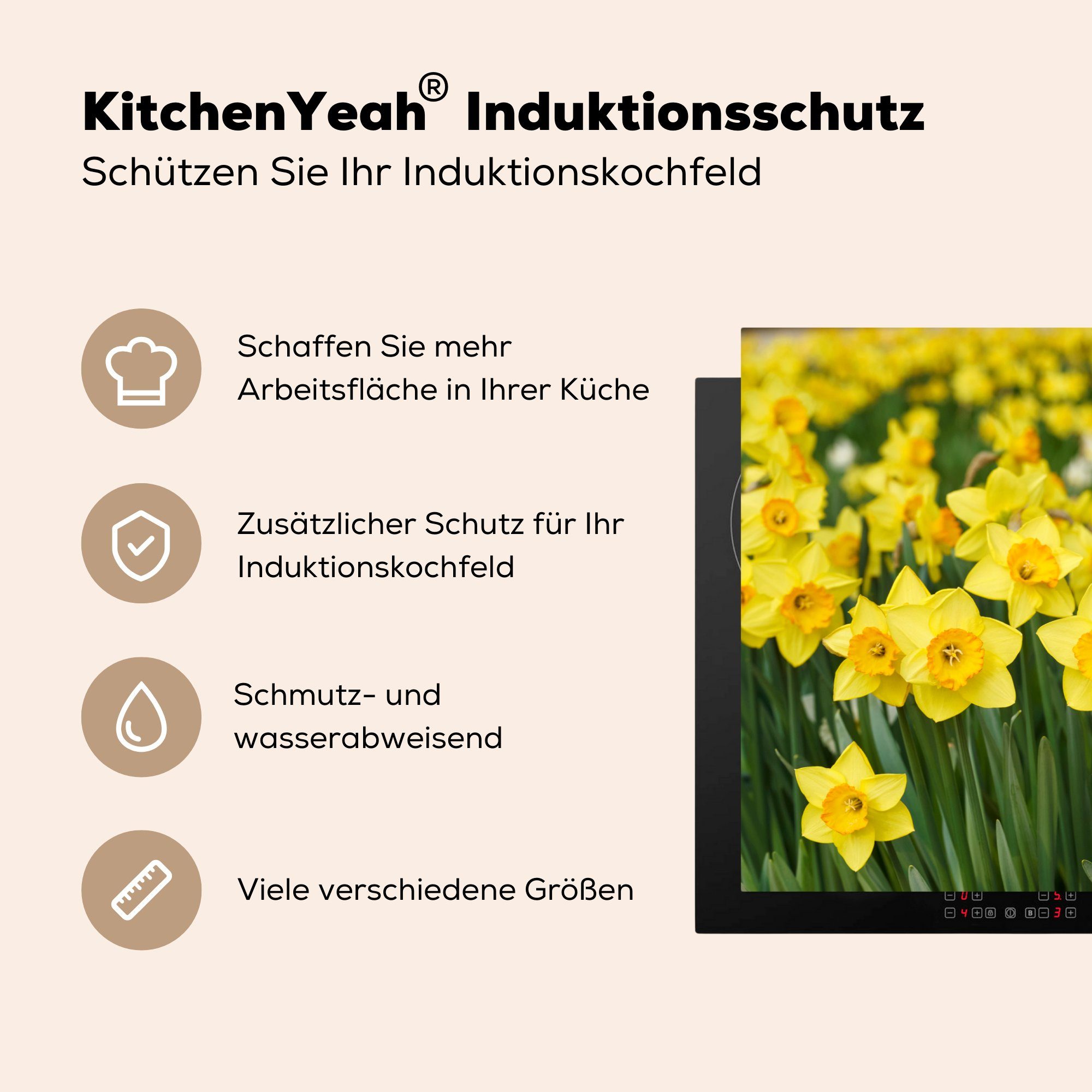 Induktionskochfeld (1 - - Schutz Ceranfeldabdeckung MuchoWow Herdblende-/Abdeckplatte tlg), cm, küche, 81x52 Gelb für Narzissen, Vinyl, Blumen die