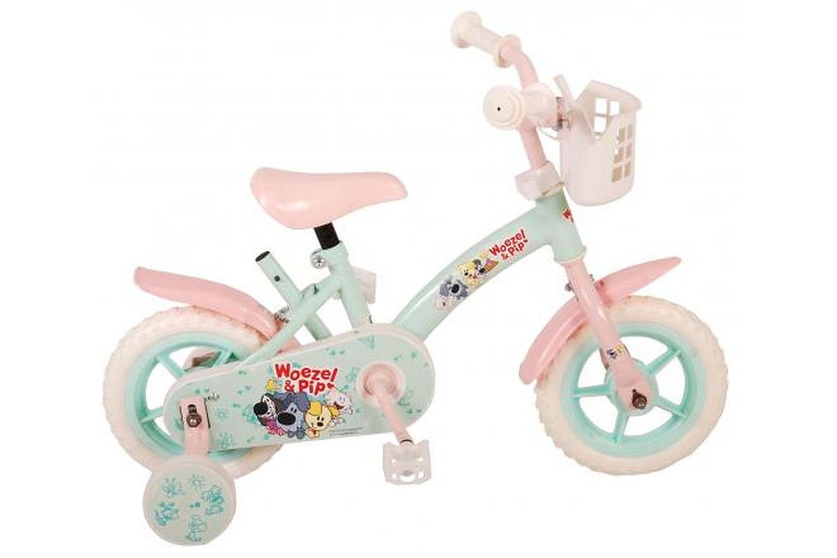 Volare Kinderfahrrad Woezel & Pip Mädchen - 10 Zoll - Mint Blue/Pink - Alter: 2 - 4 Jahre, bis 60 kg, EVA Reifen mit Weichprofil, einstellbare Lenkerhöhe | Kinderfahrräder