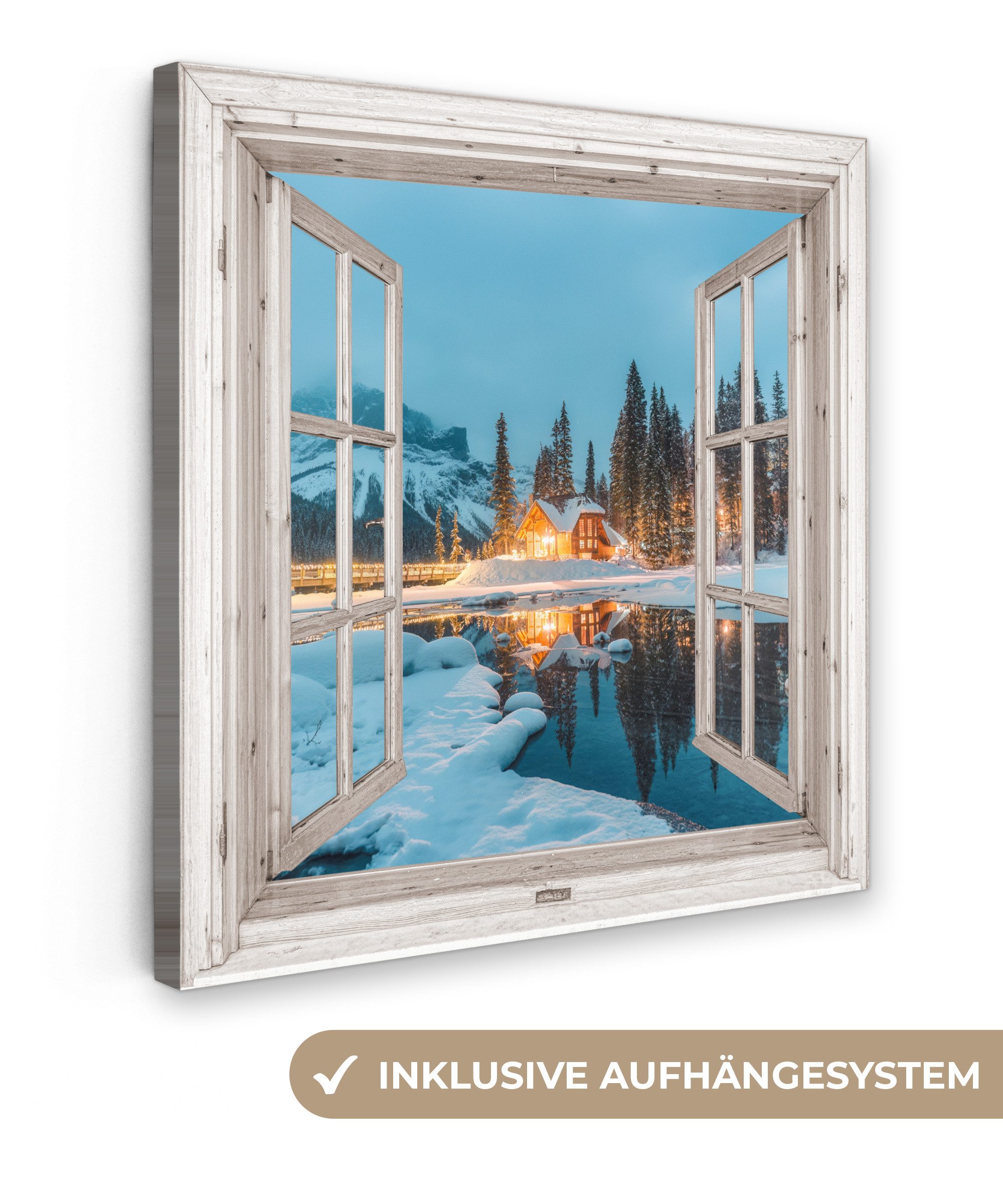OneMillionCanvasses® Leinwandbild Durchblick - Winterlandschaft - Natur - Haus - Berge, Fotodruck (1 St), Wandbild, Deko Schlafzimmer Wohnzimmer Flur 20x20 cm
