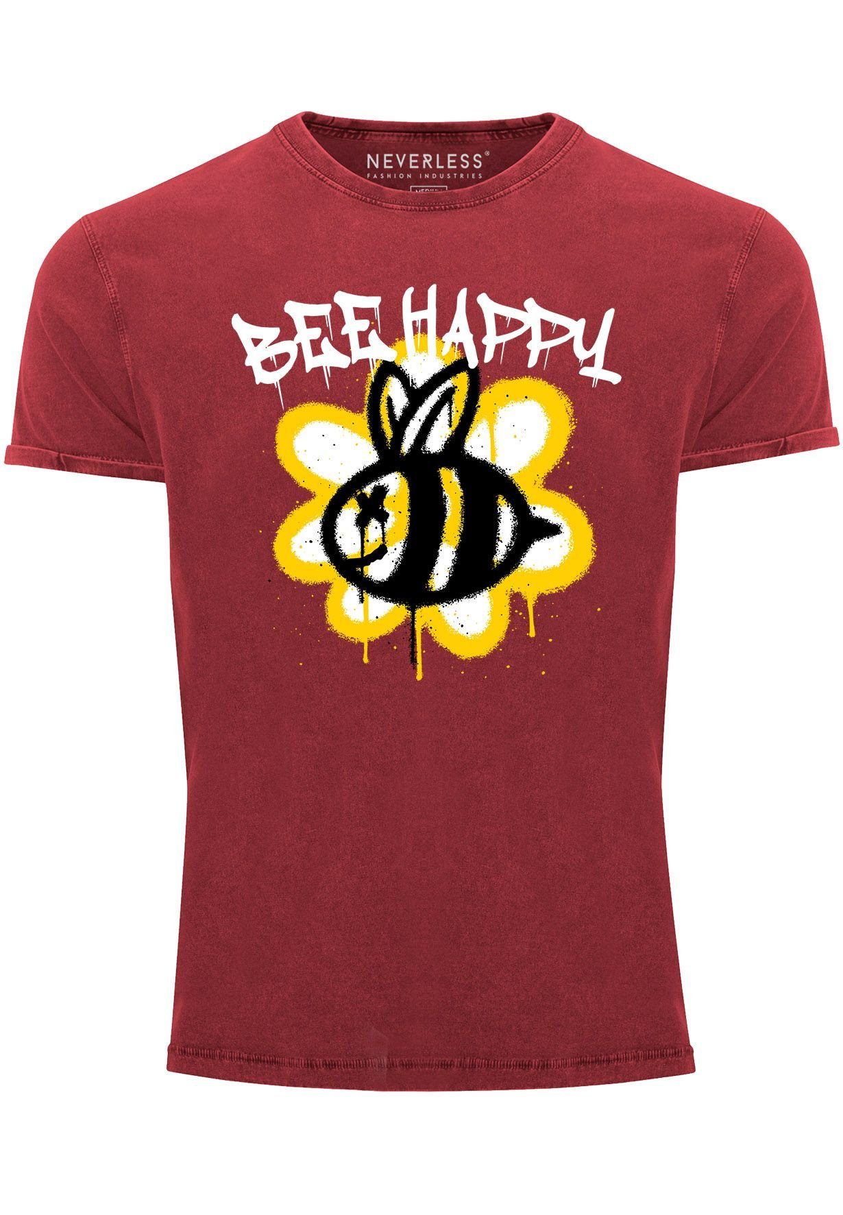 Neverless Print-Shirt Herren Vintage-Shirt Aufdruck Bee Happy Biene Blume Graffiti Schriftzu mit Print rot