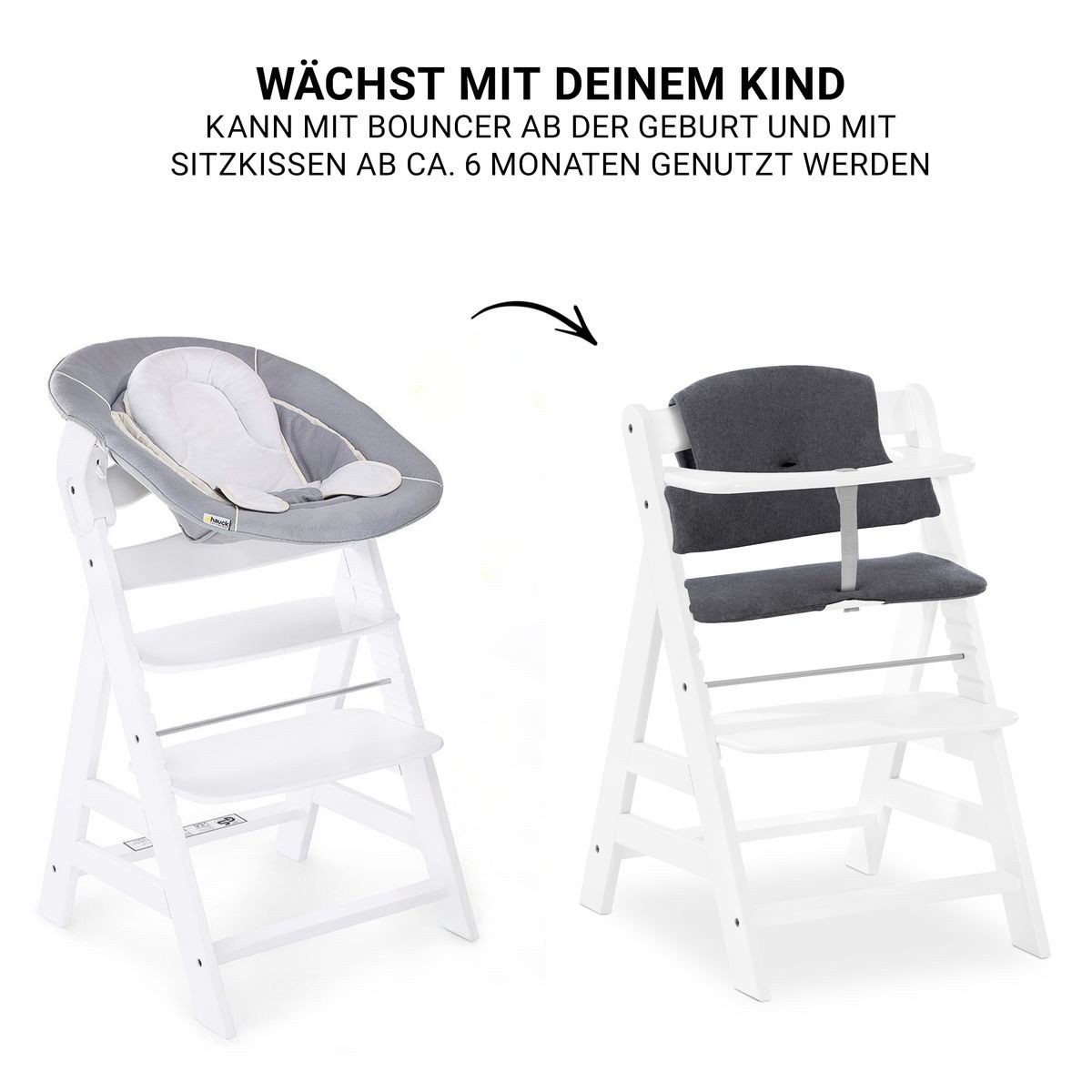 Hauck Hochstuhl Alpha Plus Newborn Set - White, Holz Babyhochstuhl ab Geburt inkl. Neugeborenenaufsatz & Sitzauflage