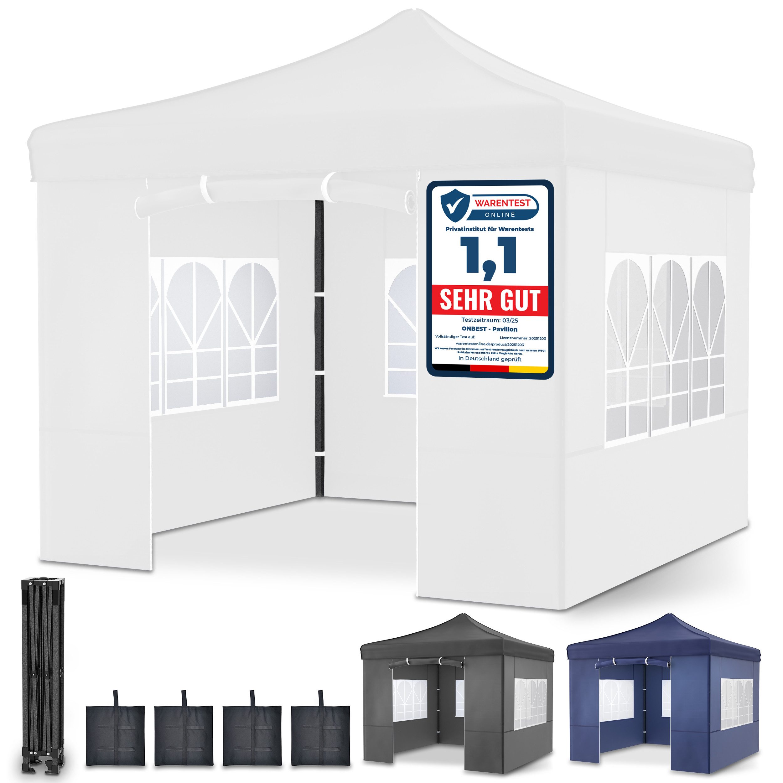 Onbest Pavillon Premium 3x3 Pop-Up mit viel Zubehör, mit 4 Seitenteilen, 420 PU Silver Coated Oxford, wasserdicht, UV 50+