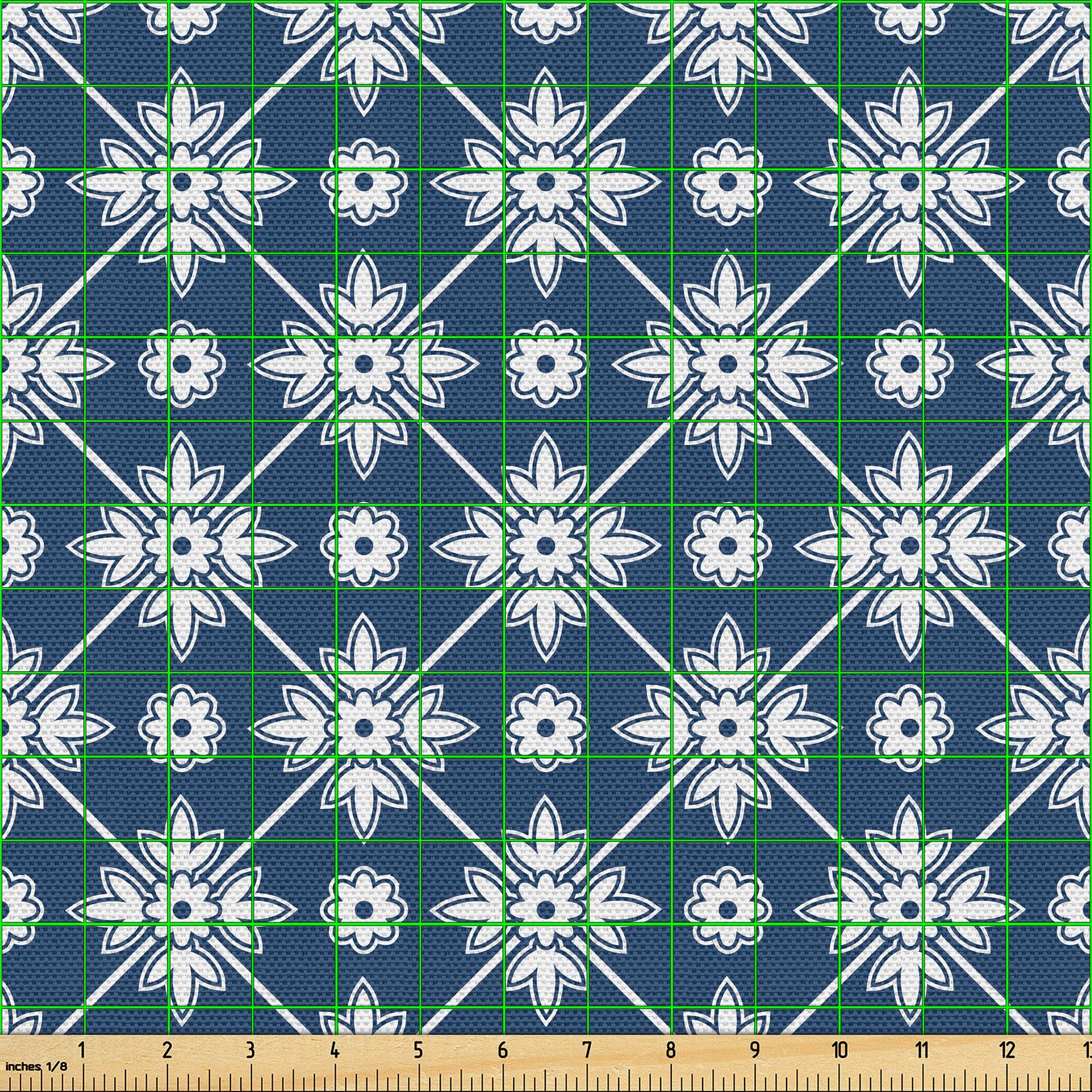Thumbnail - Abakuhaus Stoff Schön Gewebten Stoff für Polster und Wohnaccessoires, Blau Checkered Folkloric Floral