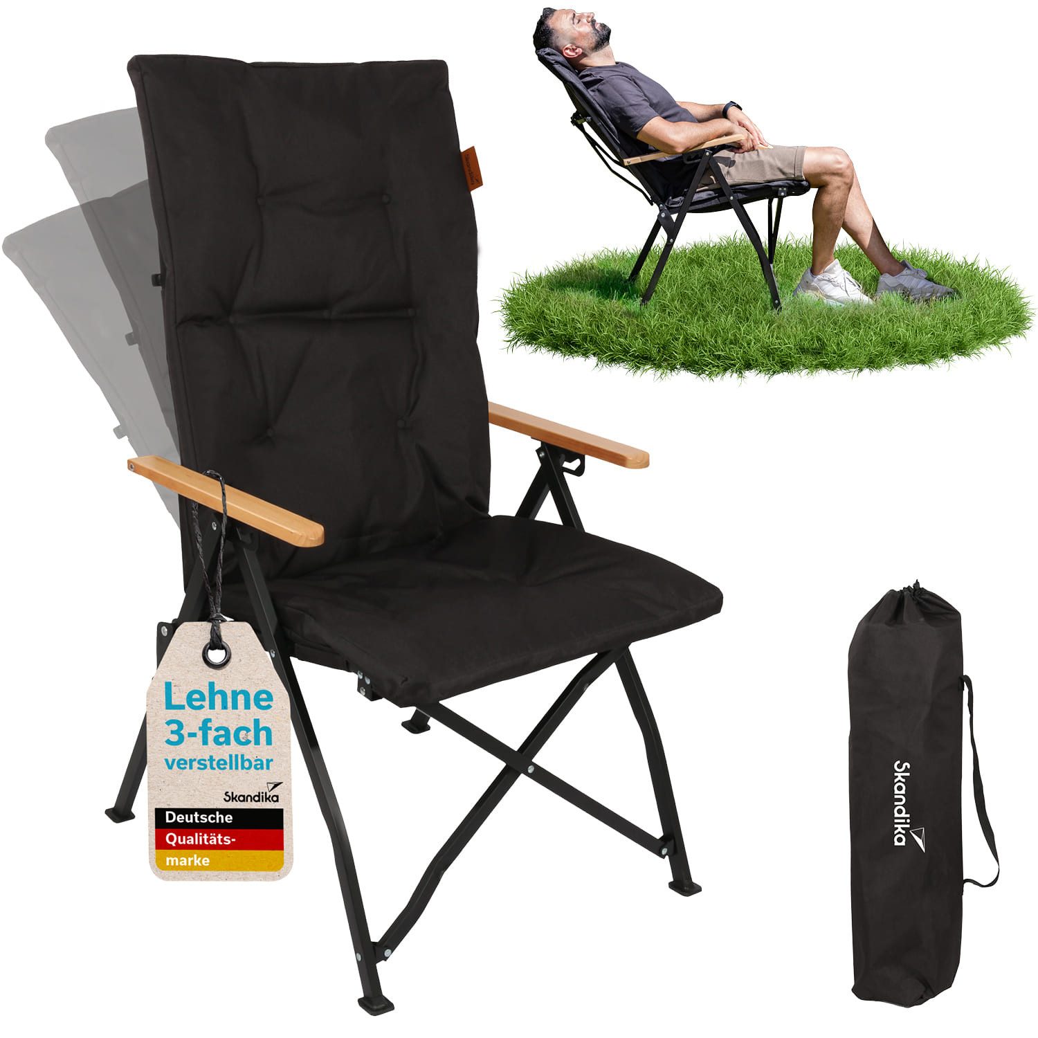 Skandika Campingstuhl Nojata, faltbar, 3-Fach verstellbare Rückenlehne, Tragetasche (Max. Benutzergewicht 120 kg, Material Armlehnen: Buchenholz), Sitzhöhe 43 cm, 5,2 kg leicht, Sitzfläche 50 x 50 cm, Anti-Rutsch-Füße