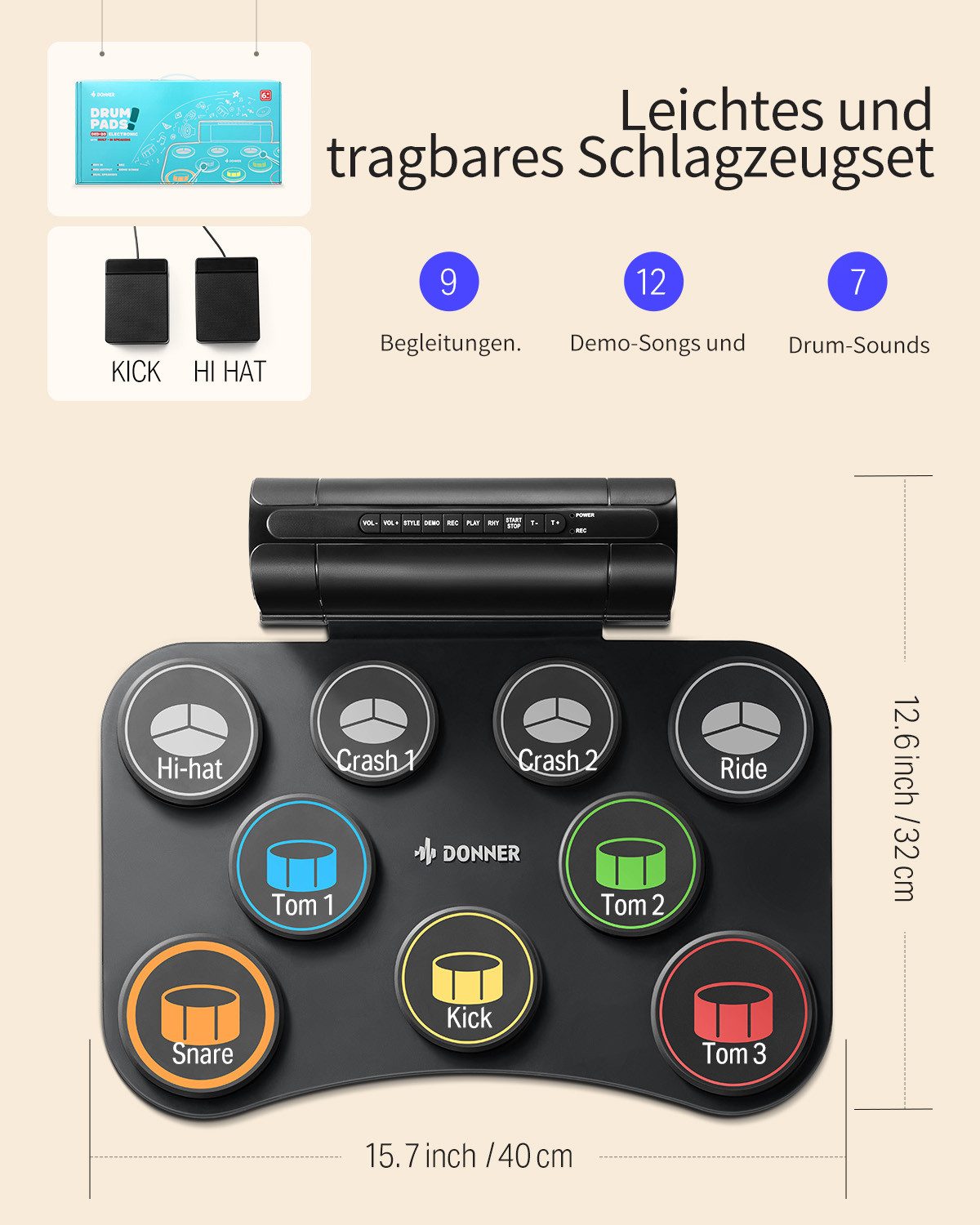 Donner E-Drum Elektrisches Drumpad Elektronisches Drumset mit 9 Pads DED-20(SE),Set, Netzteil USB-Datenkabel 3,5-mm-Audiosticks 2 Pedale, Eingebauter Lautsprecher Aufrollbares,unterstützt Kopfhöreranschluss