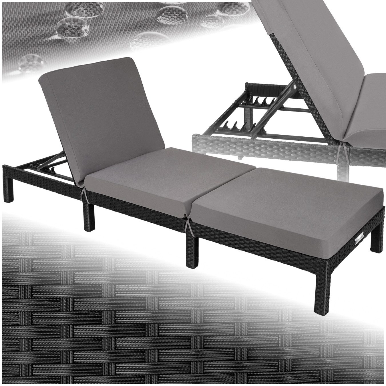 tectake Gartenliege Rattan Sonnenliege, dicke Polsterung, 196 x 66 x 27 cm, Balkonliege Sofia, 1 St., für Außen in Schwarz, widerstandsfähig, UV-beständig, 6-fach verstellbare Rückenlehne