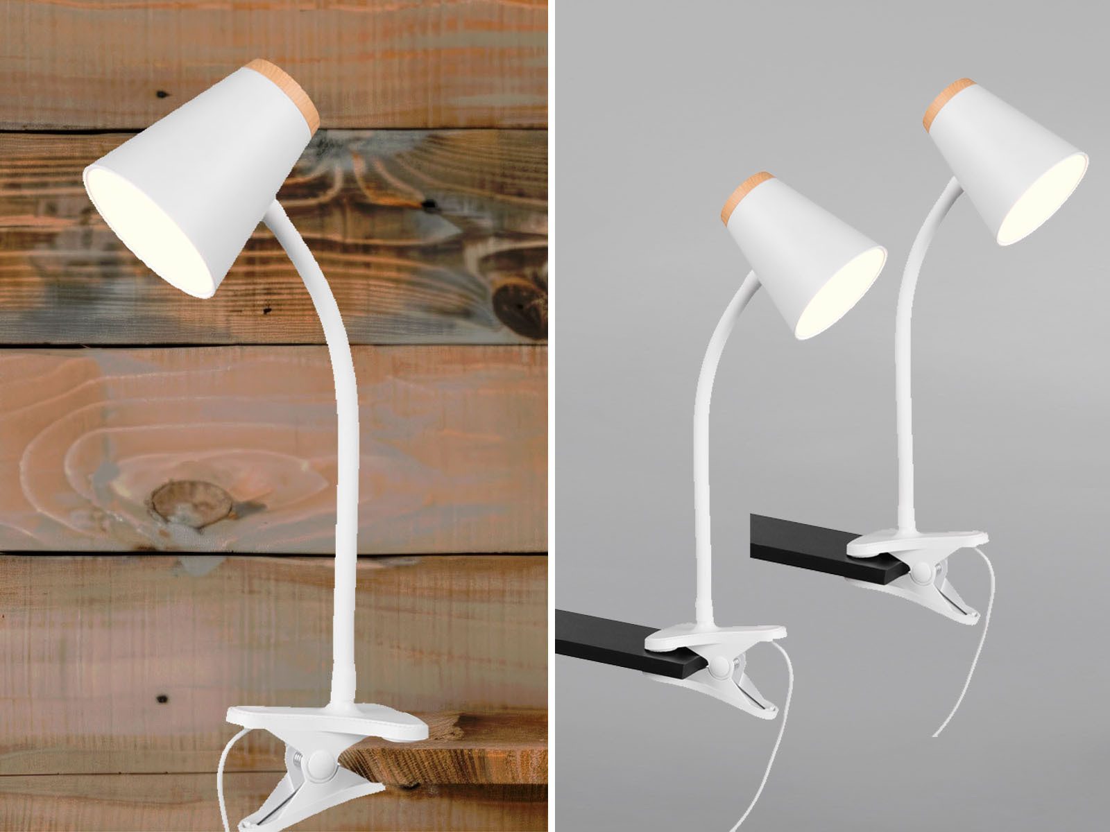 Reality Leuchten LED Klemmleuchte, LED fest integriert, Warmweiß, 2er SET Klemmlicht Weiß mit Schwanenhals, Leselampen Bett, Höhe 33cm