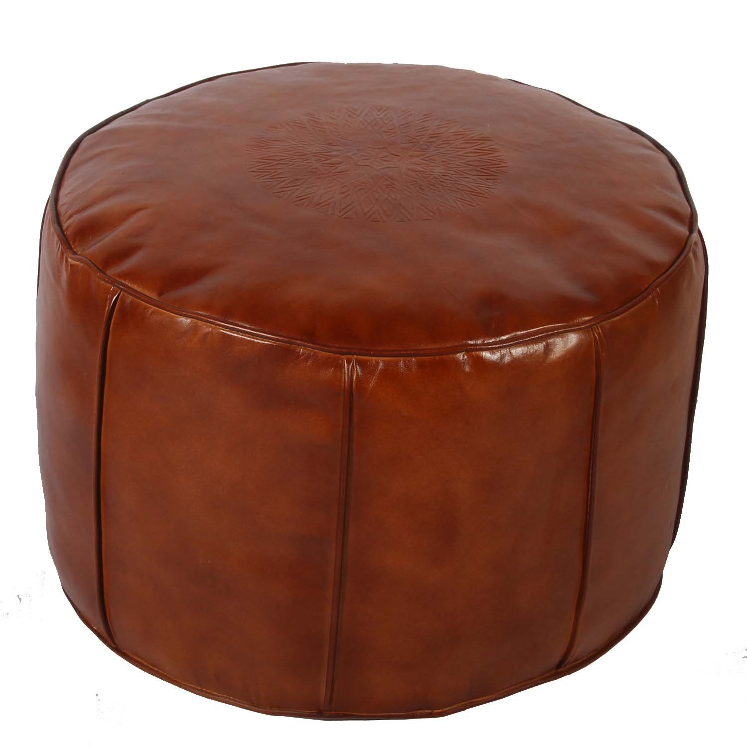 Casa Moro Pouf Marokkanisches Leder Sitzkissen Asli Caramel Ø 52cm rund Höhe 35cm (Leder-Hocker Boho Bodenkissen, ein Polsterhocker für einfach schöner Wohnen), Handgefertigt MO5230