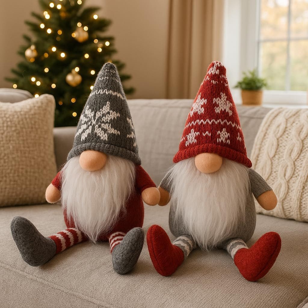 hausleben Wichtel Figuren Set – 21,5 cm (2 St), mit Schlenkerbeinen – Stofffiguren rot & grau mit Bart