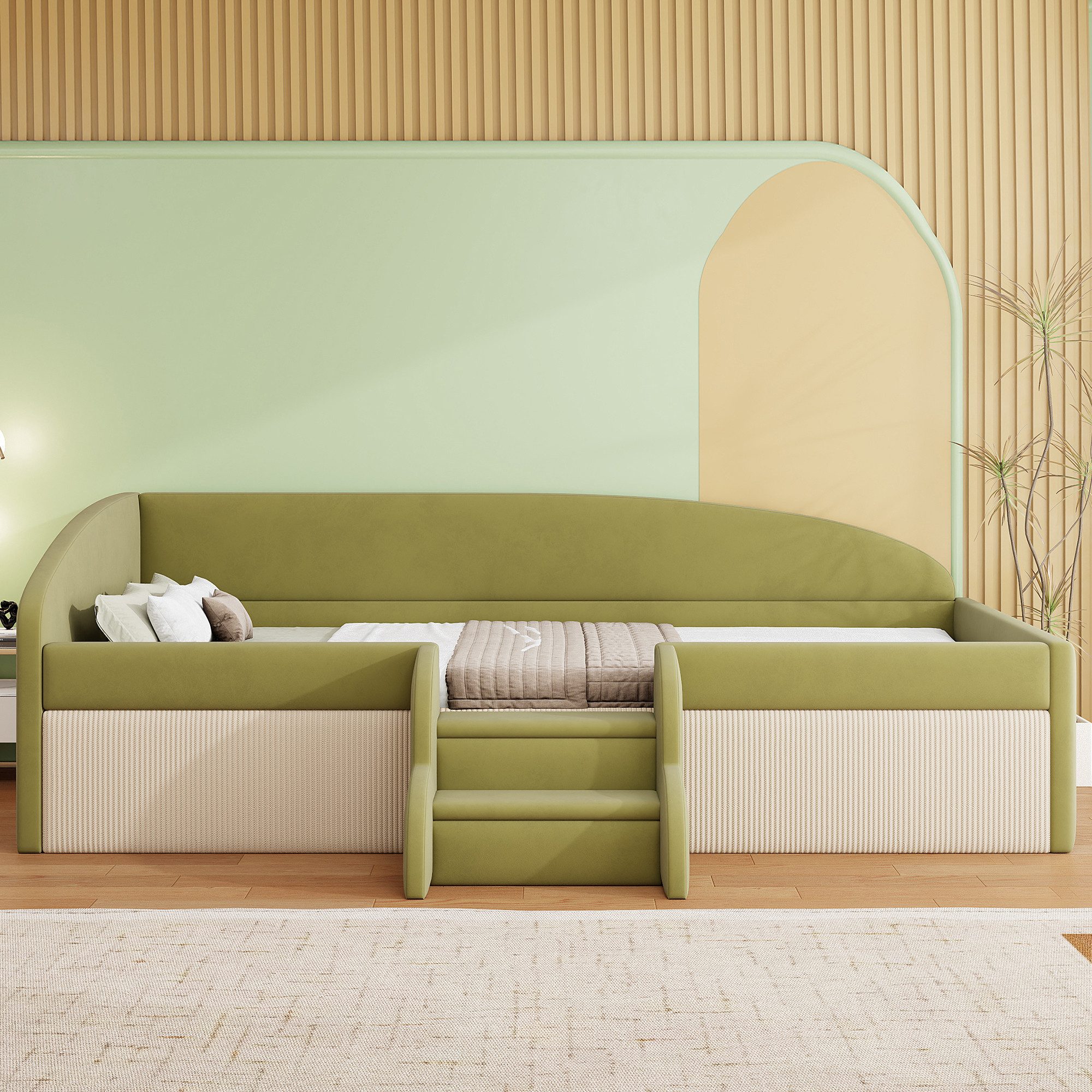 Flieks Polsterbett, Kinderbett Schlafsofa Einzelbett 90x190cm mit Treppe und Lattenrost