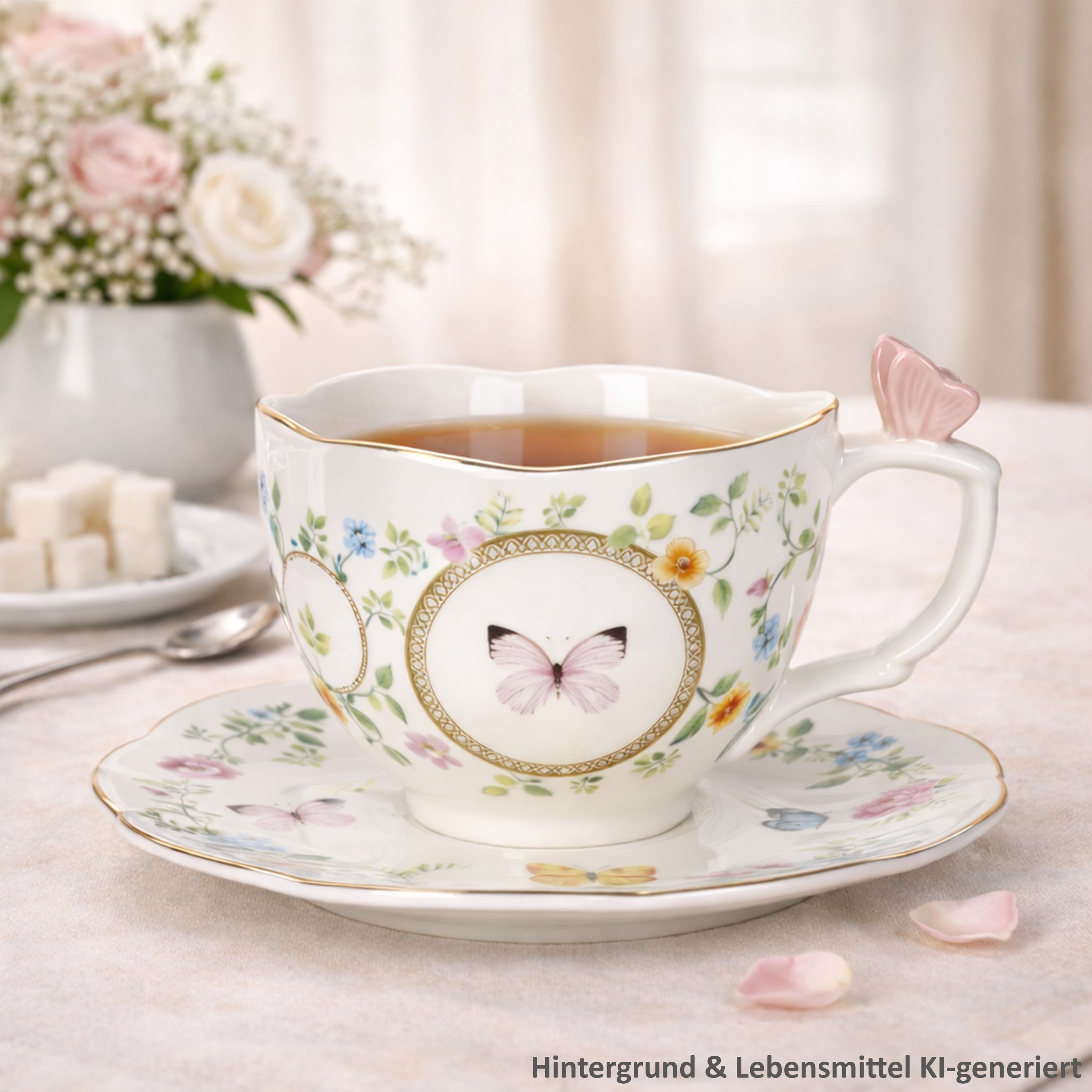 MamboCat Tasse MamboCat Dancing Butterflies Tasse mit Untertasse Porzellan Goldrand, Porzellan