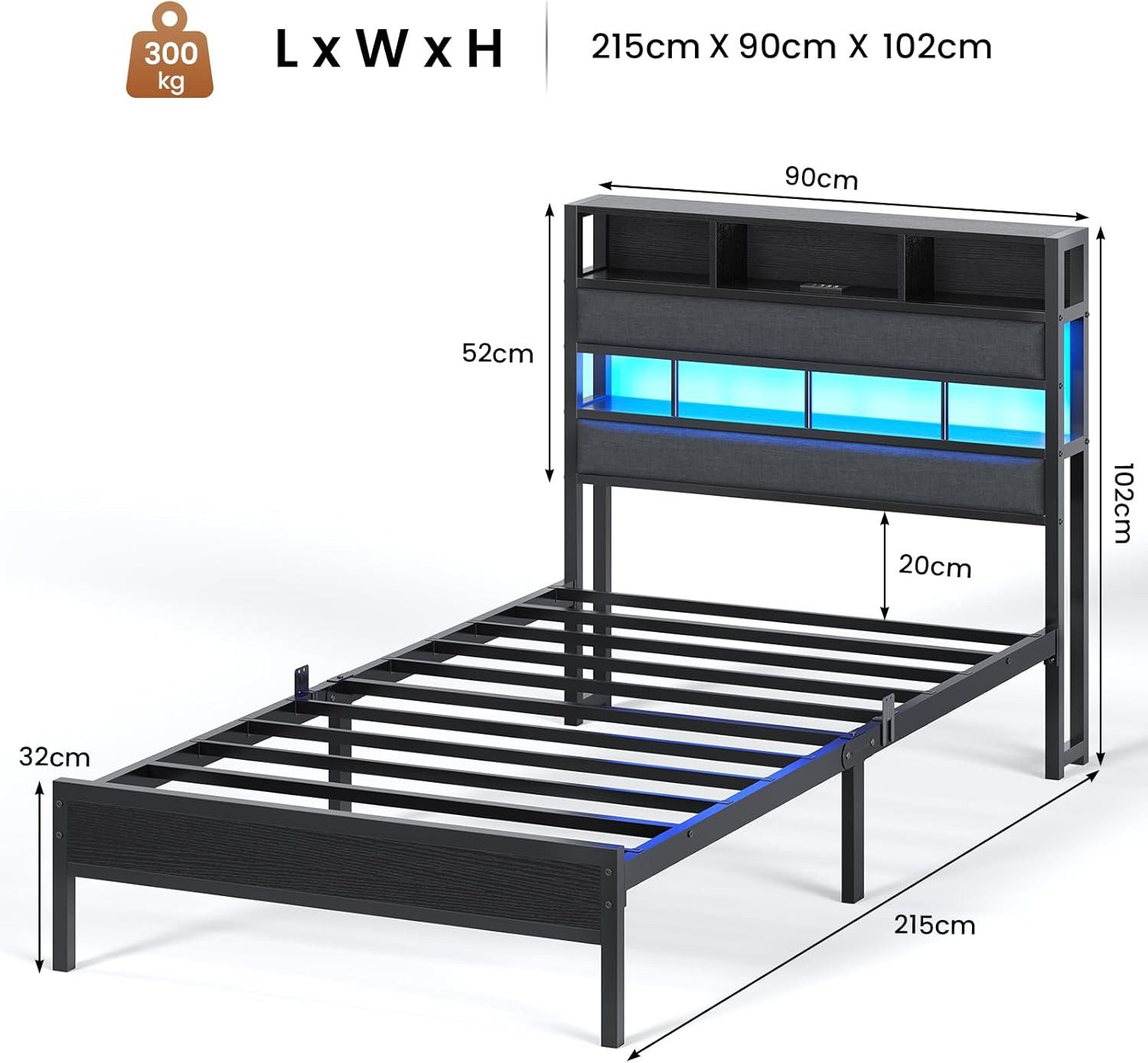 MSMASK Metallbett mit LED Beleuchtung & Ladestation, Kinderbett Jugendbett (1-tlg., Ohne Matratze), Bettgestell 90x200cm