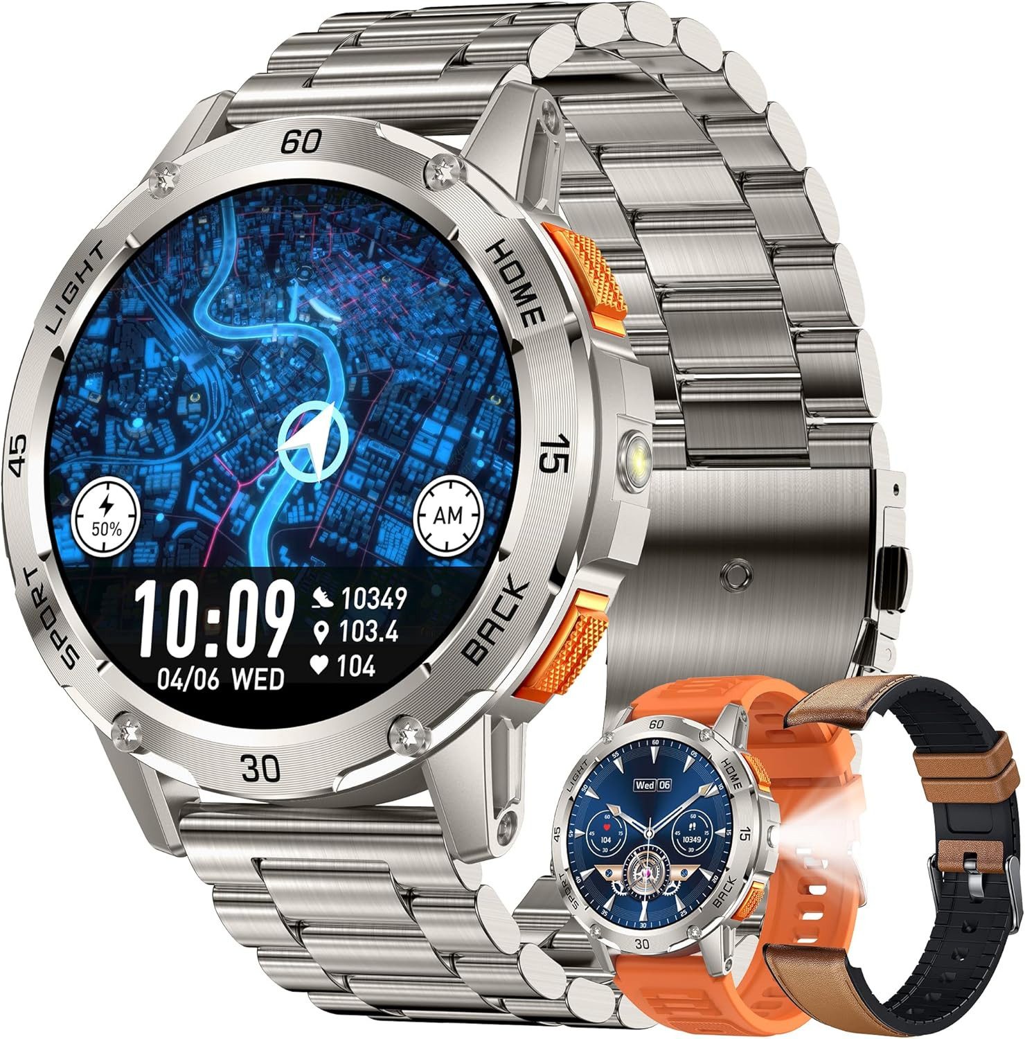 SGDDFIT Smartwatch (3,8 cm, Android iOS), Smartwatch Herren mit AMOLED Display, Bluetooth Calls