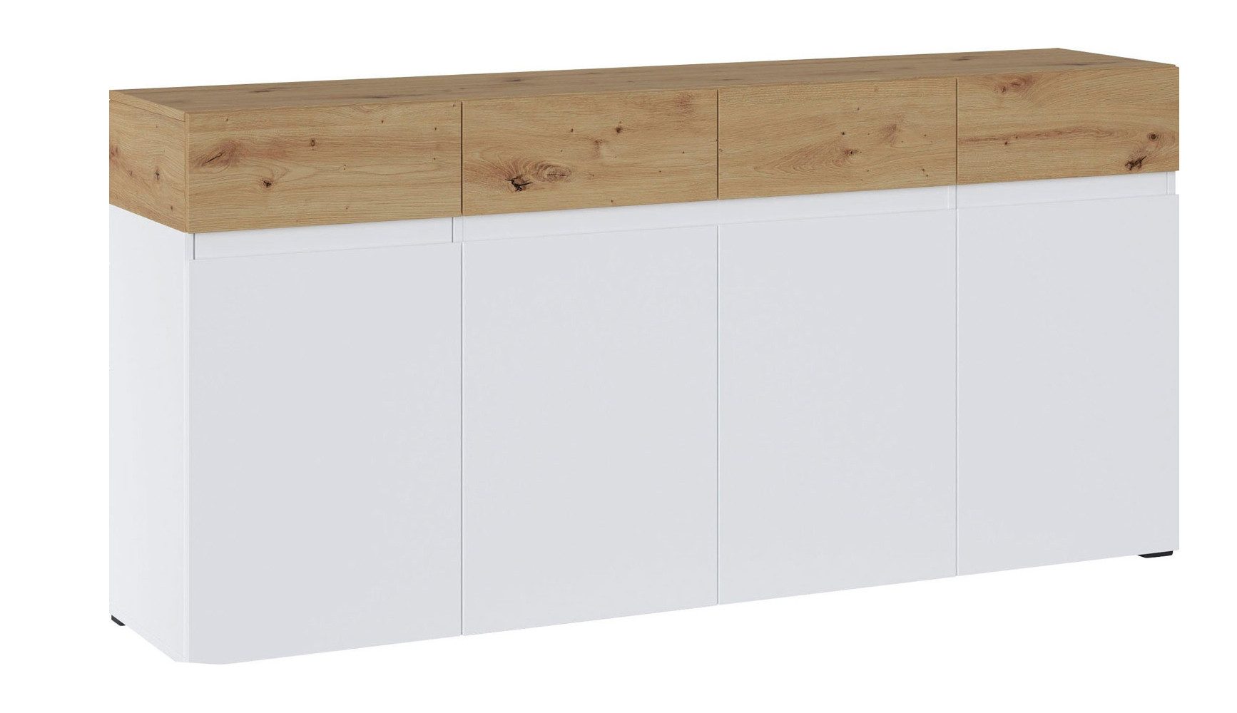 Feldmann-Wohnen Sideboard Rimini (4 Türen, 6 Holzböden, 2 Schubladen, 1 St., moderne Optik, grifflos, Füße in Schwarz), 180x40x86cm weiß Eiche Artisan grifflos