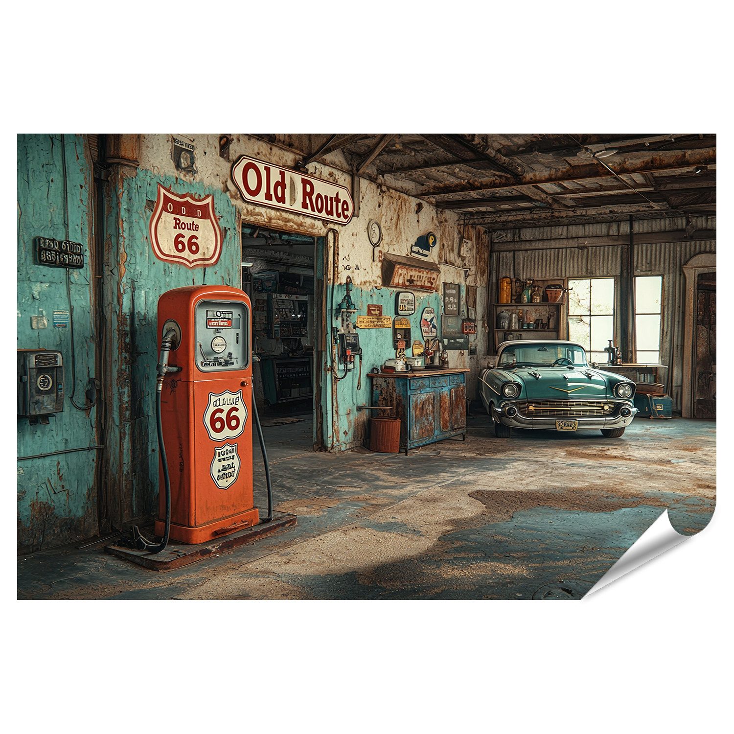 islandburner Poster Klassische Route 66 Tankstelle und Oldtimer Wandbild günstig online kaufen