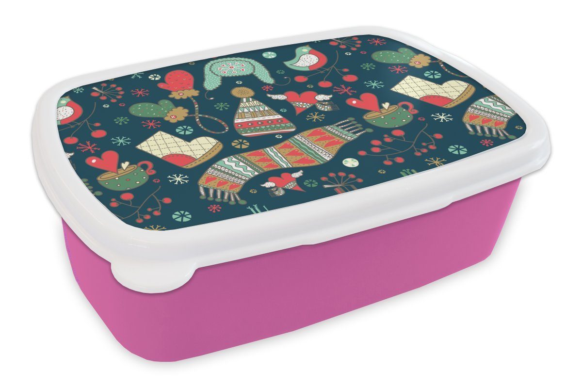 MuchoWow Lunchbox Winter - Design - Tee - Handschuhe - Mütze, Kunststoff, (2-tlg), Brotbox für Erwachsene, Brotdose Kinder, Snackbox, Mädchen, Kunststoff rosa