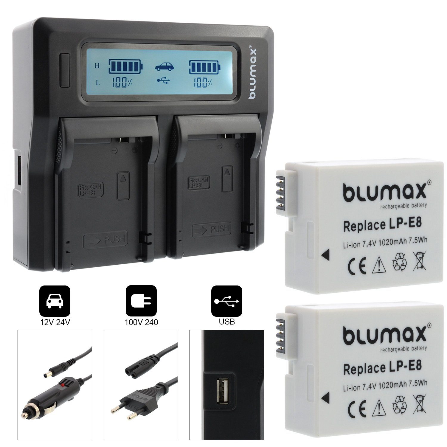 Blumax Set mit Lader für Canon LP-E8 EOS 550D 1020 mAh Kamera-Akku