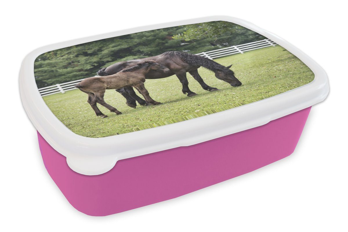 MuchoWow Lunchbox Pferde - Gras - Baum, Kunststoff, (2-tlg), Brotbox für Erwachsene, Brotdose Kinder, Snackbox, Mädchen, Kunststoff rosa