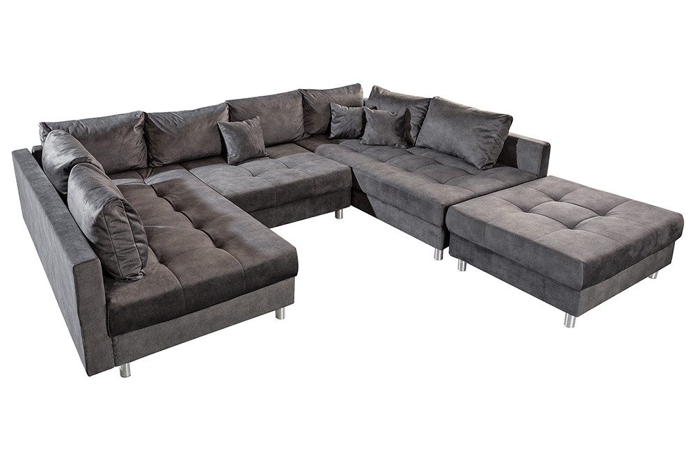 riess-ambiente Wohnlandschaft KENT 305cm grau/silber – Samt, U-Form, mit Kissen & Hocker, Einzelartikel 1 Teile, großes Bigsofa mit Hocker & Federkern – ideal für moderne Wohnzimmer