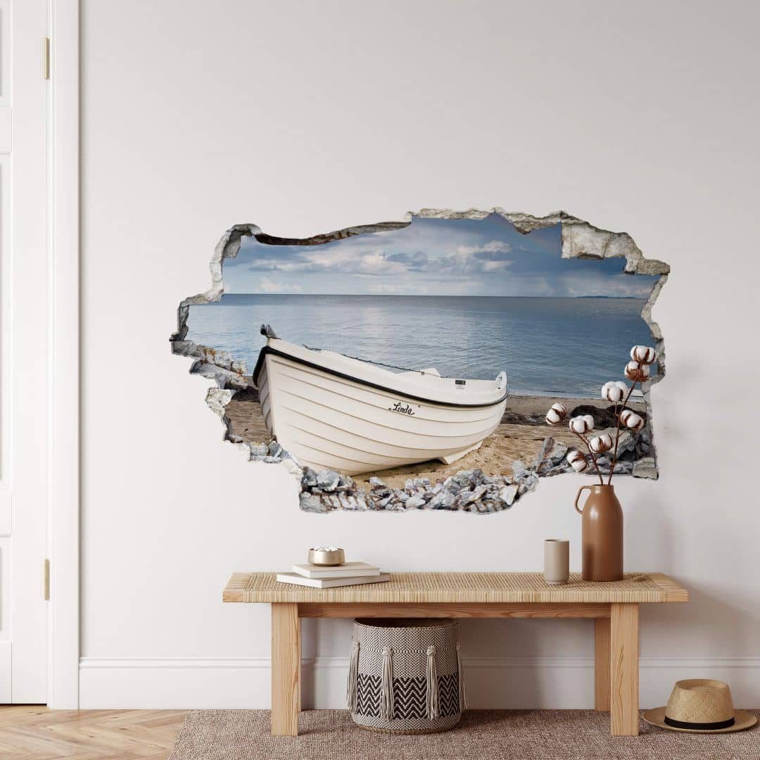 K&L Wall Art Wandtattoo 3D Aufkleber Maritime Küste Shabby Chic Fischerboot Strandidyll, Mauerdurchbruch Wandbild selbstklebend