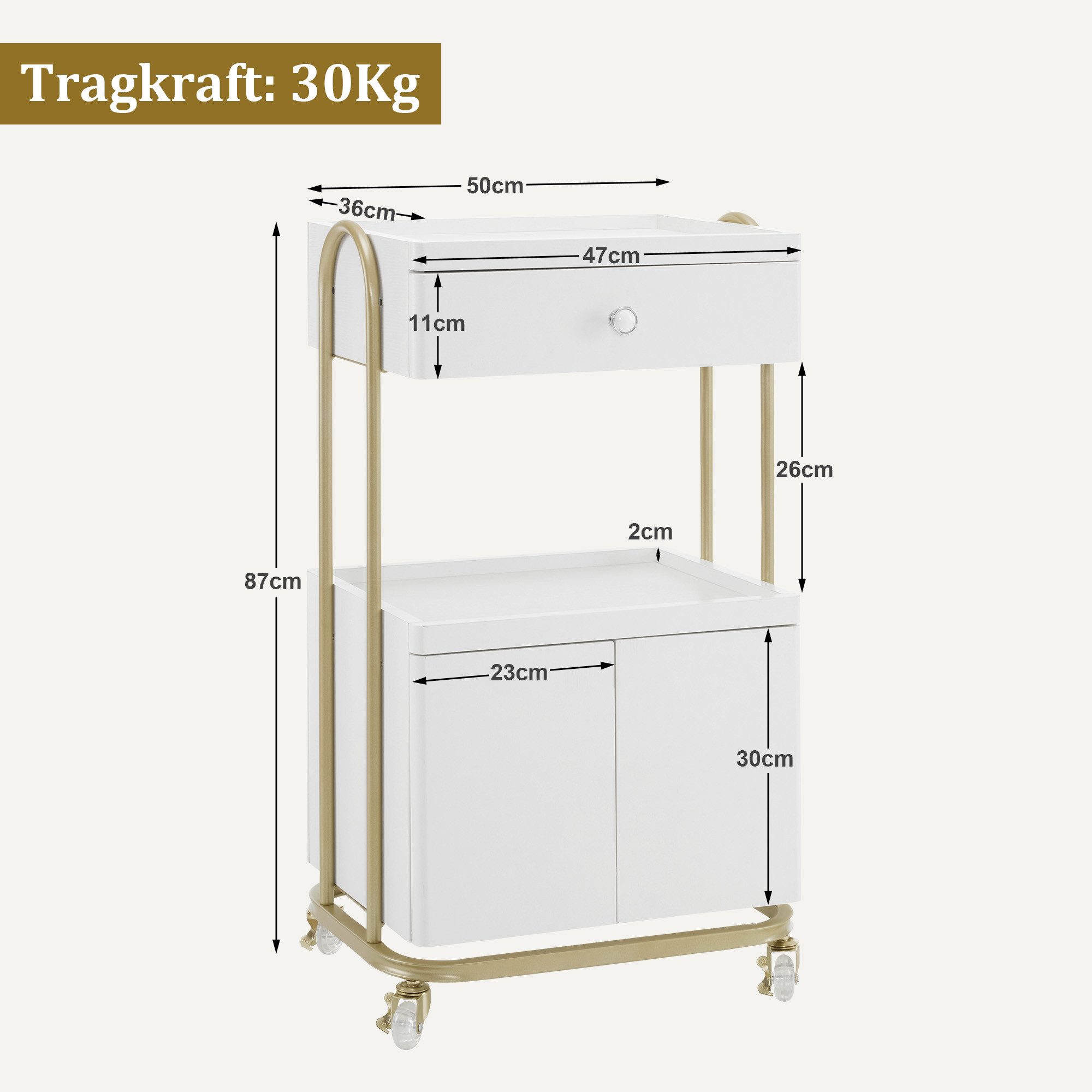 MCombo Beistellwagen M MCombo Servierwagen mit Rollen & Schublade, Rollwagen 0086, mit 2 Ablagen und Schrank, mit Rollen & Schublade