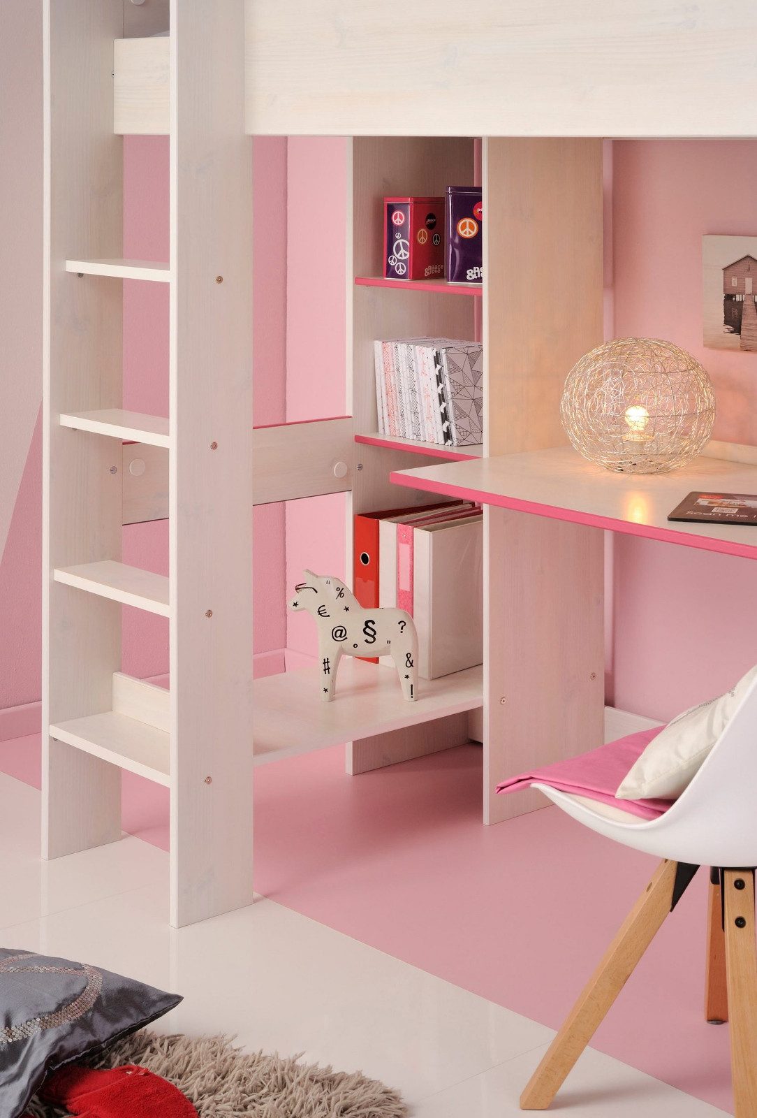 Parisot Tivaro youth bedroom set (loft bed (90x200) with desk and chest of drawers, pine white with blue or pink), no slatted base required