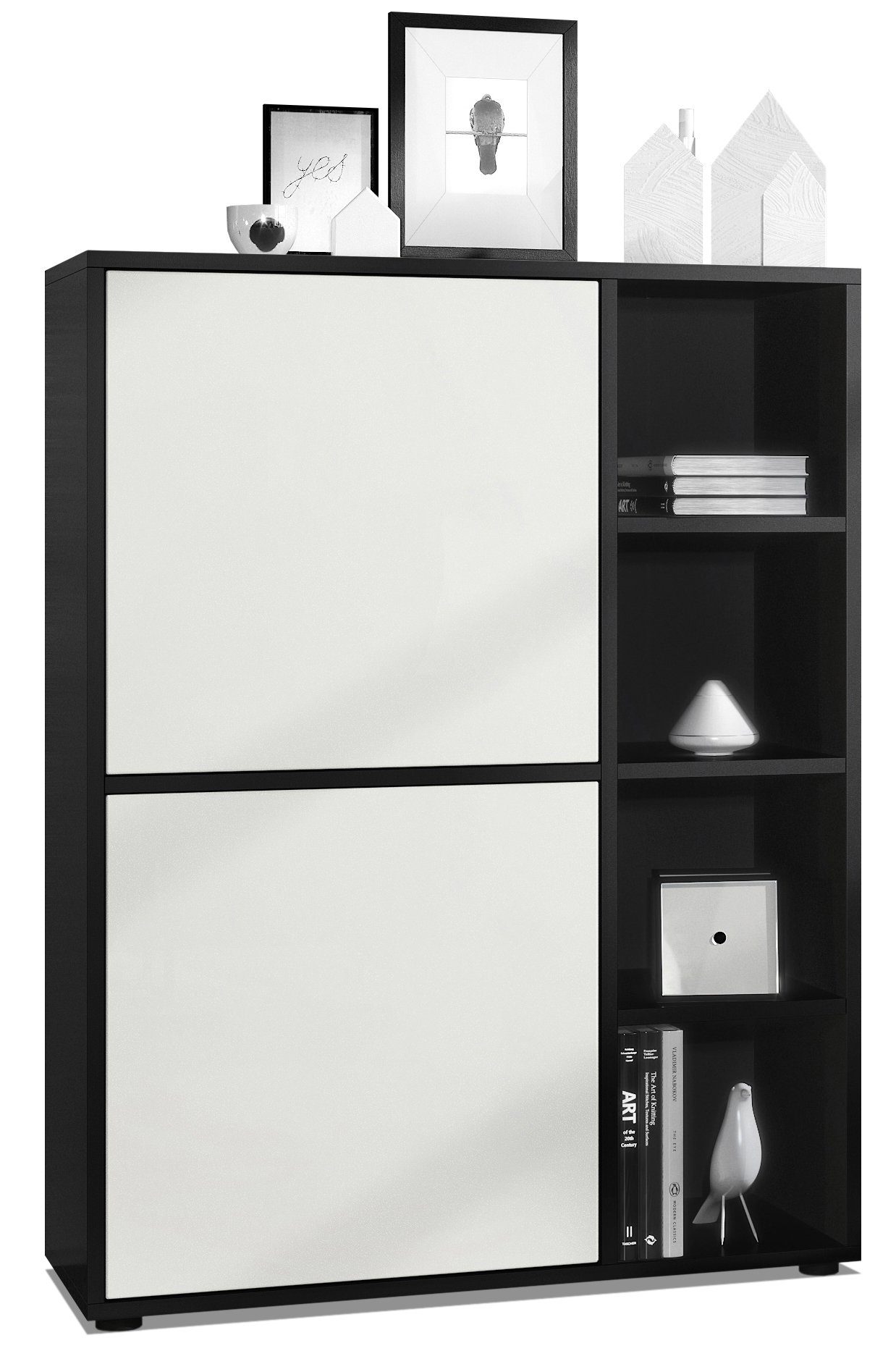 Vladon Highboard Cuba (Anrichte, mit 2 Türen und 4 offene Fächer), Schwarz matt/Weiß matt (79 x 105,5 x 35,5 cm)