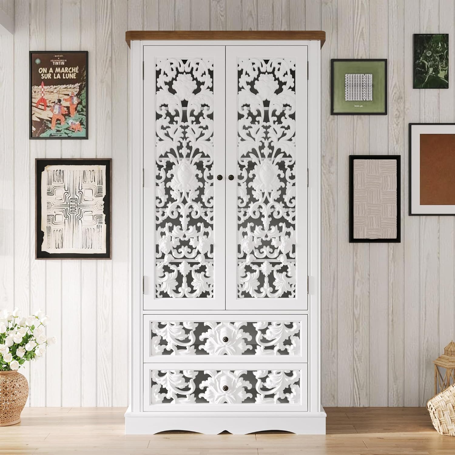 FUFU&GAGA Buffet Geschirrschrank mit geschnitzten Türen, Weiß, HDF, 84×40×168 cm