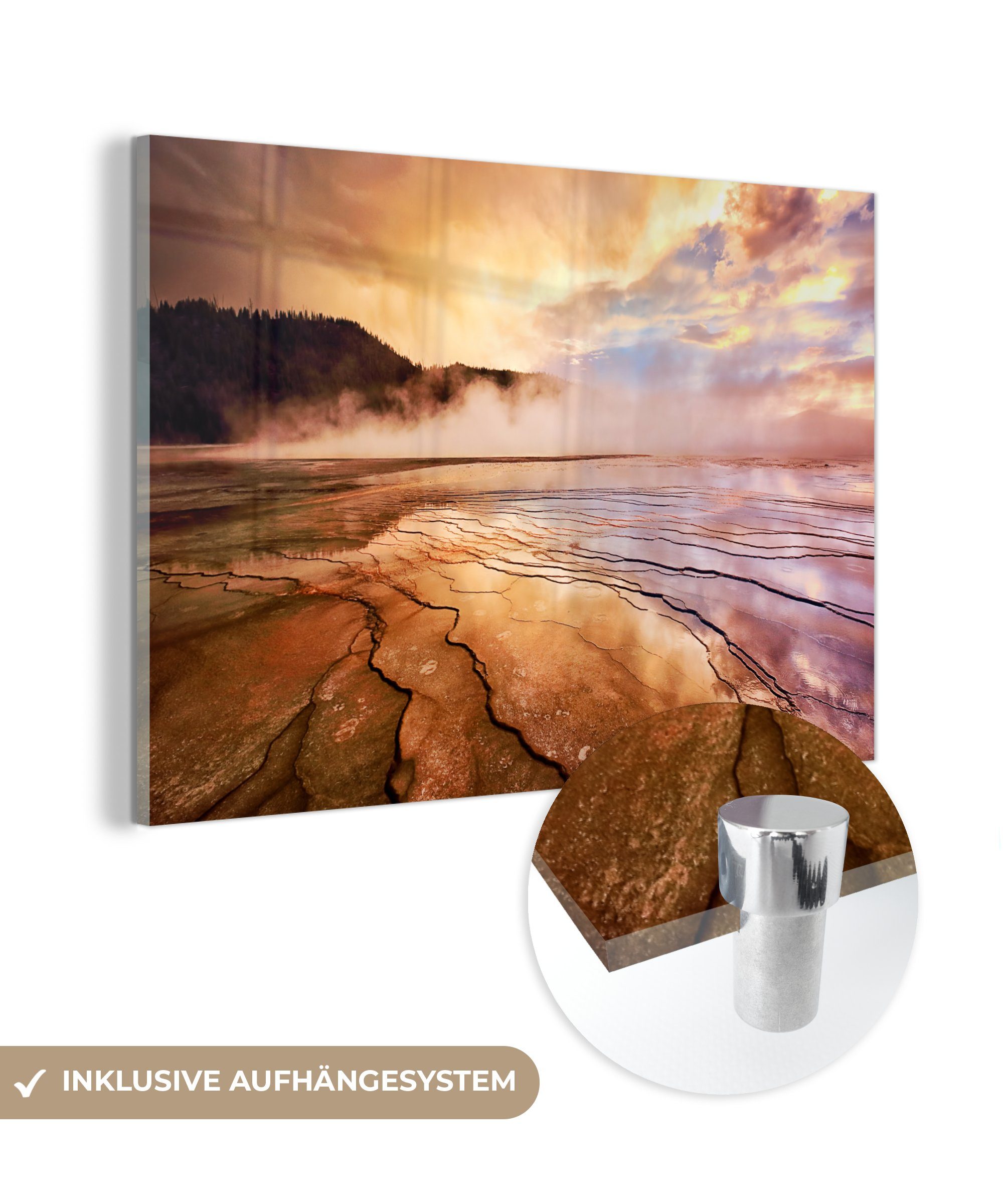 MuchoWow Acrylglasbild Yellowstone - Sonne - Nebel, (1 St), Acrylglasbilder Wohnzimmer & Schlafzimmer